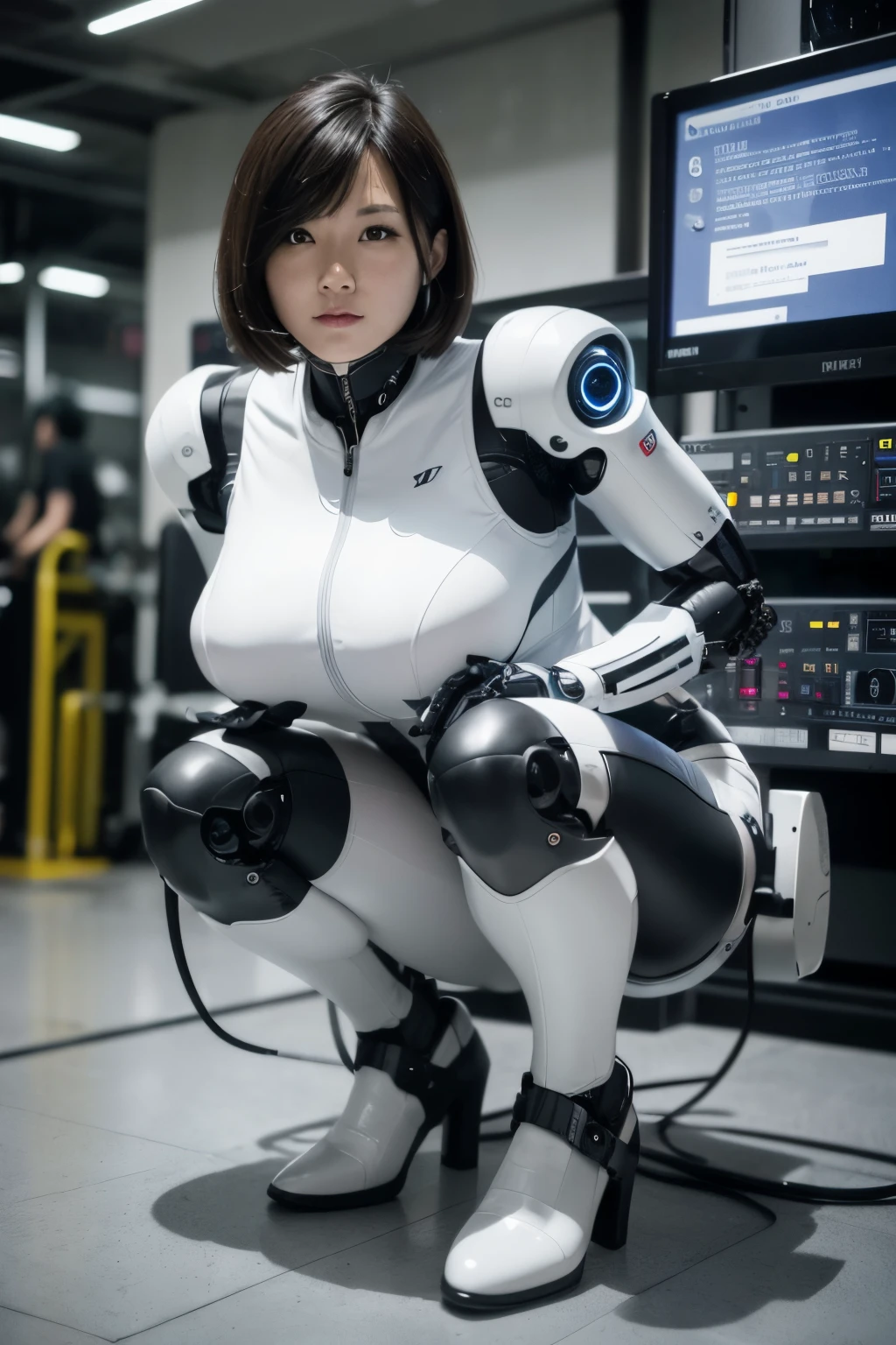 best quality,masterpiece,1woman, japaese cyborg woman,fullbody image ,plump , white boots,announcer,control panel,activate,squat,android,robot,mechanical hand,white clothes, bodysuit,taut_clothes,medium breast,clothes with a sense of mechanical technology, robotic arms and legs, black robotic parts,brack hair,short hair,tube dress,