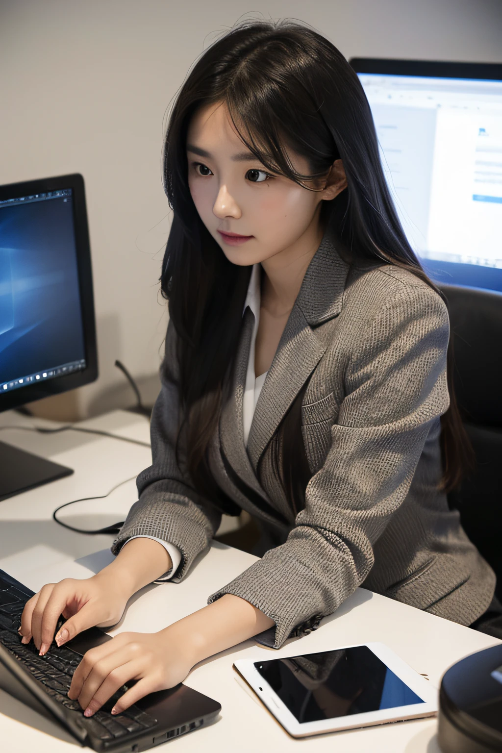 A civil servant girl with long hair in a suit sits in front of the computer and works