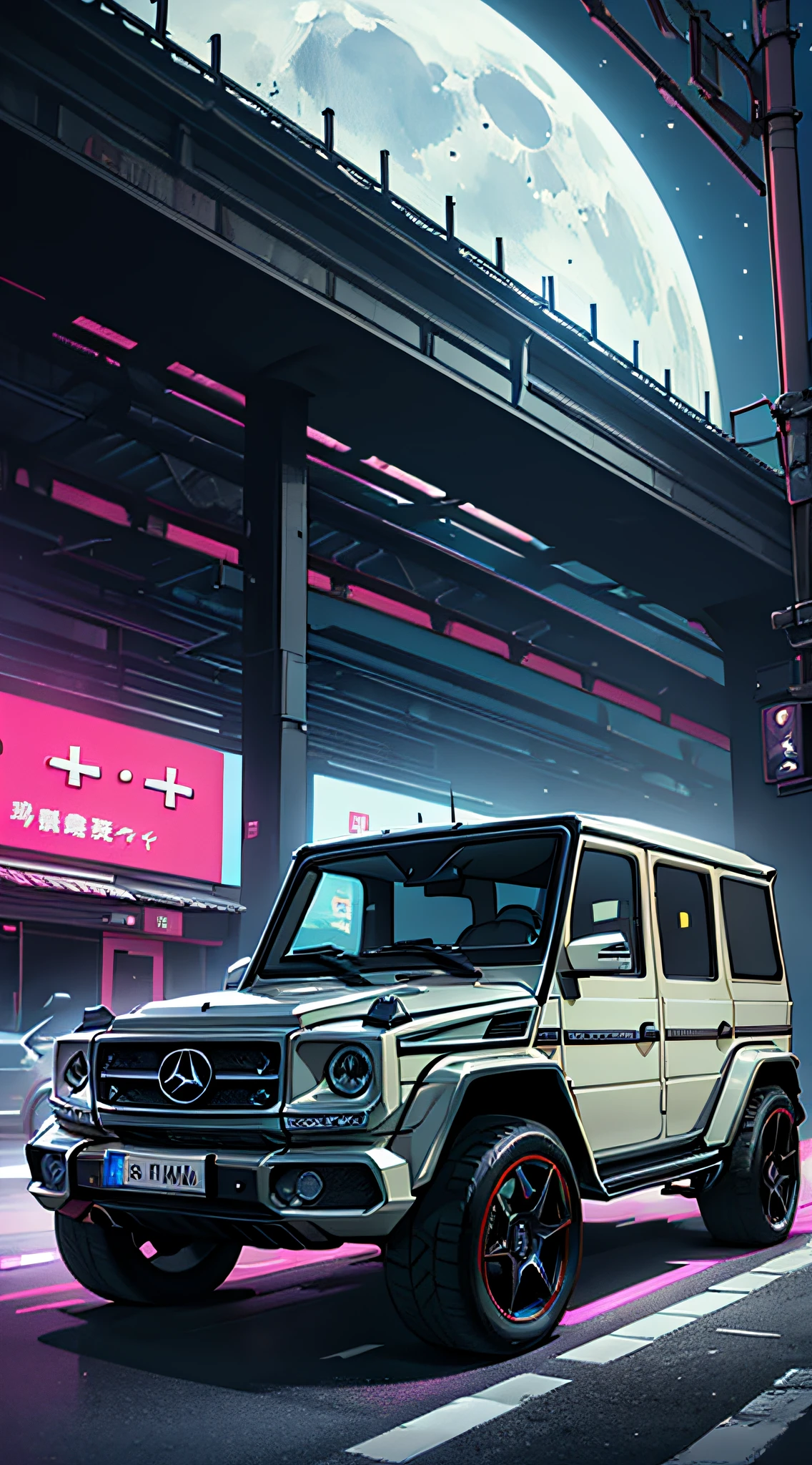 ((Top Quality)), ((masterpiece)), (Detailing), (high resolucion:1.2),((Benz G-Wagen)),The cyberpunk,daoshi,natta,moonlit glow,neons