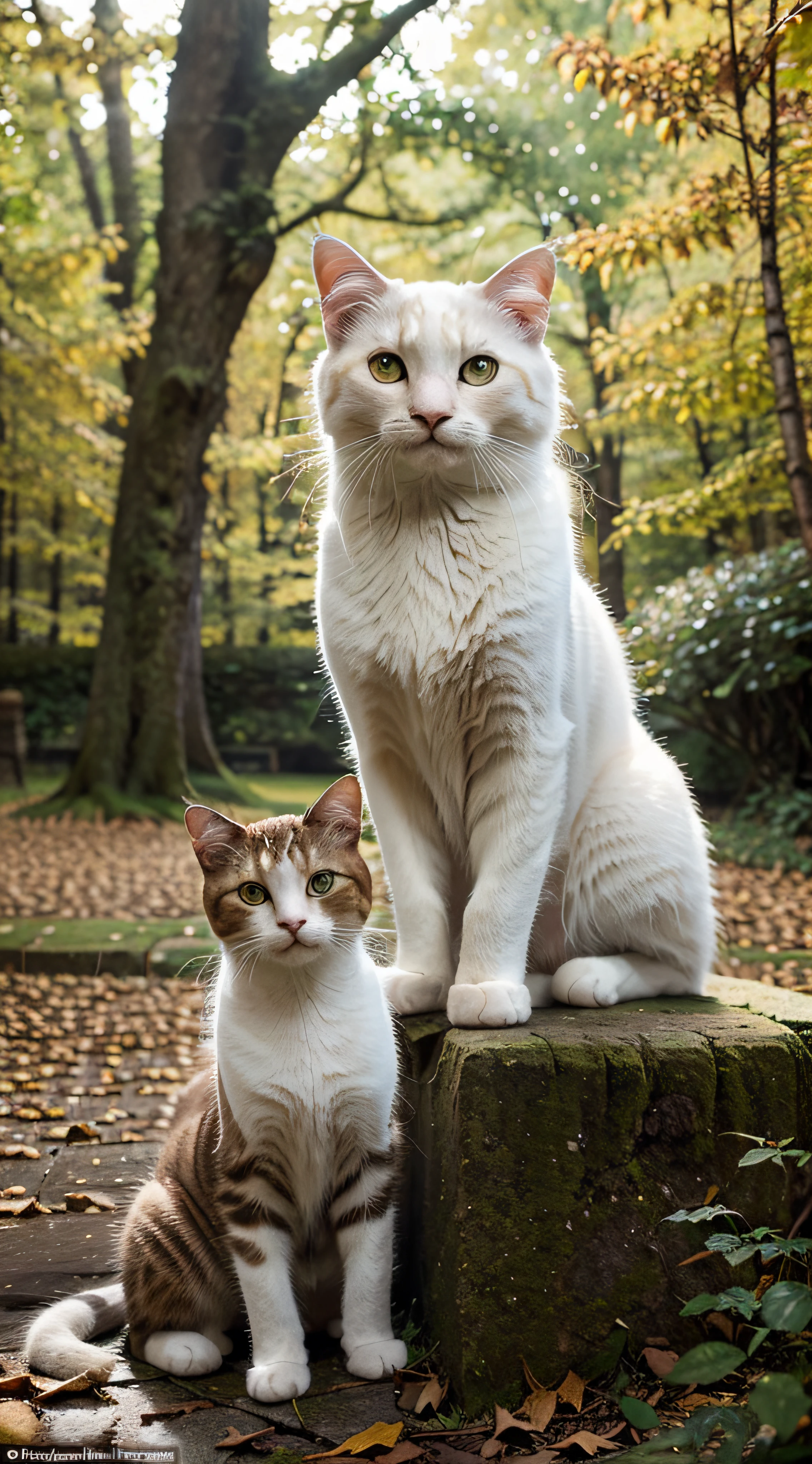 "Please create an image with maximum quality, focusing on the serenity of a white cat in its natural habitat, a forest enveloped by the colors of autumn. We are looking for a realistic and cinematic representation, where the white cat is portrayed in a captivating way, highlighting its coat contrasting with the autumnal tones around it.
   - Make sure the white cat is portrayed realistically, with a coat rich in detail, highlighting nuances and textures. Explore facial expressions that convey the natural feline curiosity and elegance.
   - Capture the essence of the cat in the wild, highlighting its bright eyes and serene posture.
   - Place the cat in a forest with trees adorned with the colors of autumn. Use cinematographic techniques to create a cozy atmosphere, with leaves gently falling around the cat.
   - Capture the soft autumn light, creating an environment where the colors of the leaves and the cat's coat complement each other harmoniously.
   - Explore poses that emphasize the cat's natural curiosity in the forest. Whether it's watching a leaf fall or stretching out its paws in a playful gesture, highlight the feline's endearing attitude.
   - Convey the sense of calm and serenity that cats often emanate.
   - Ensure that the image reaches advanced levels of detail, allowing the cat's fur, the surrounding leaves and all the elements that make up the scene to be seen in detail.
   - Emphasize the nuances of light and shadow to create a captivating visual effect.
   - Use a cinematic style that transports the viewer to the magic of an autumnal forest, highlighting the white cat as the protagonist of a serene and enchanting scene.
   - Explore compositions that convey a sense of peace and timeless beauty.
   - Image quality must be exceptional, allowing every detail to be fully appreciated. The aim is to create an immersive visual experience that highlights the beauty of the white cat and the serenity of the surrounding autumn forest."