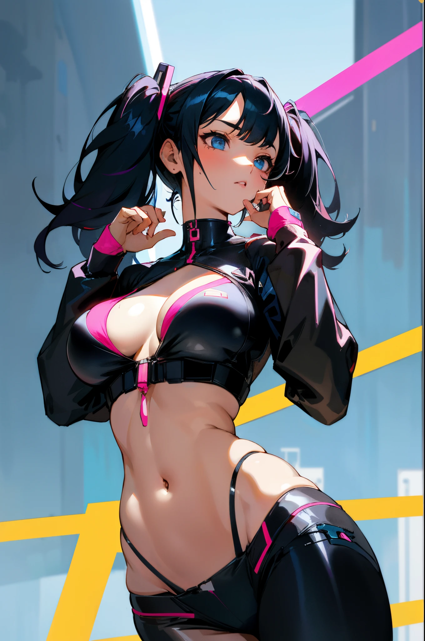 beautiful, perfect eyes, perfect face, perfect lighting, 1girl, black twin tails, split-color hair, pink and black hair, two piece bikini, large breasts, wide hips, cyberpunk background (masterpiece:1.3) ultra detailed illustration, (masterpiece:1.2), (best quality:1.2), UHD, UHD, UHD, UHD, UHD, ccurate, textured skin, high details, award winning, highres, anatomically correct