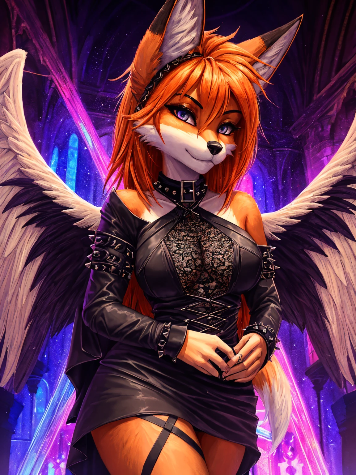 (best quality,4k,8k,highres,masterpiece:1.2),ultra-detailed,HDR,UHD,studio lighting,sharp focus,extreme detail,professional,vivid colors,bokeh,portrait,cathedral background,brilliant orange fur,large angel wings,sexy goth dress,punk hairstyle,fox snout,fox ears