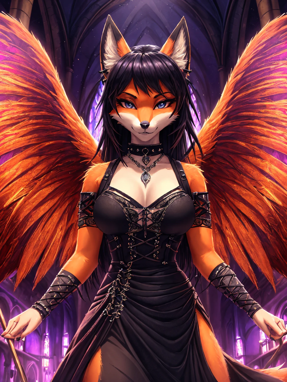 (best quality,4k,8k,highres,masterpiece:1.2),ultra-detailed,HDR,UHD,studio lighting,sharp focus,extreme detail,professional,vivid colors,bokeh,portrait,cathedral background,brilliant orange fur,large angel wings,sexy goth dress,punk hairstyle,fox snout,fox ears