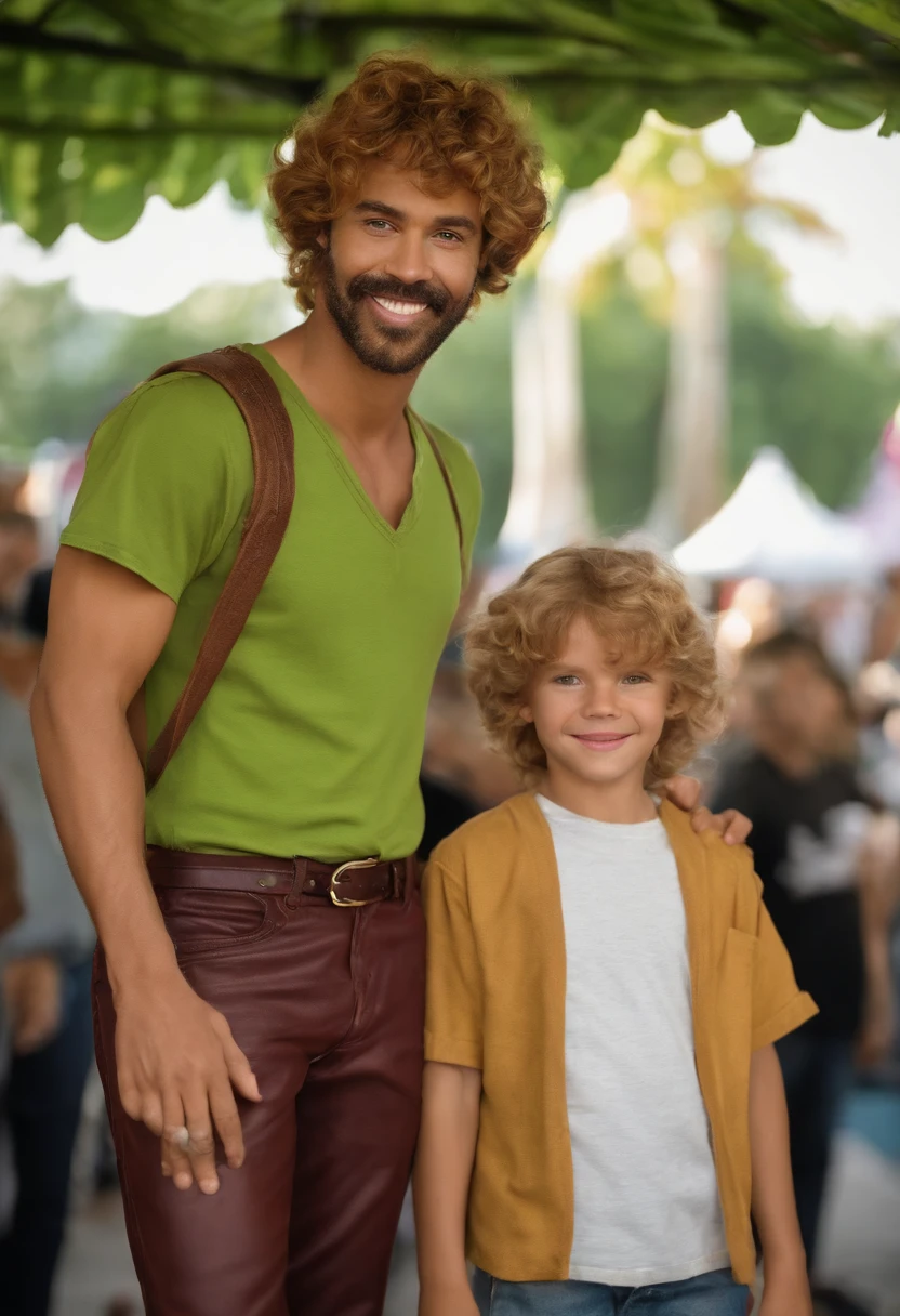 A photo of Shaggy and Scooby-Doo at a vegetarian food festival,Scooby-Doo, Where Are You!,He is a young man with a rough, patchy goatee. His signature attire consists of a baggy green V-neck T-shirt, loose maroon or brown bell-bottom pants, and black shoes.

He is tall and thin with dirty blonde hair. He is not muscular.