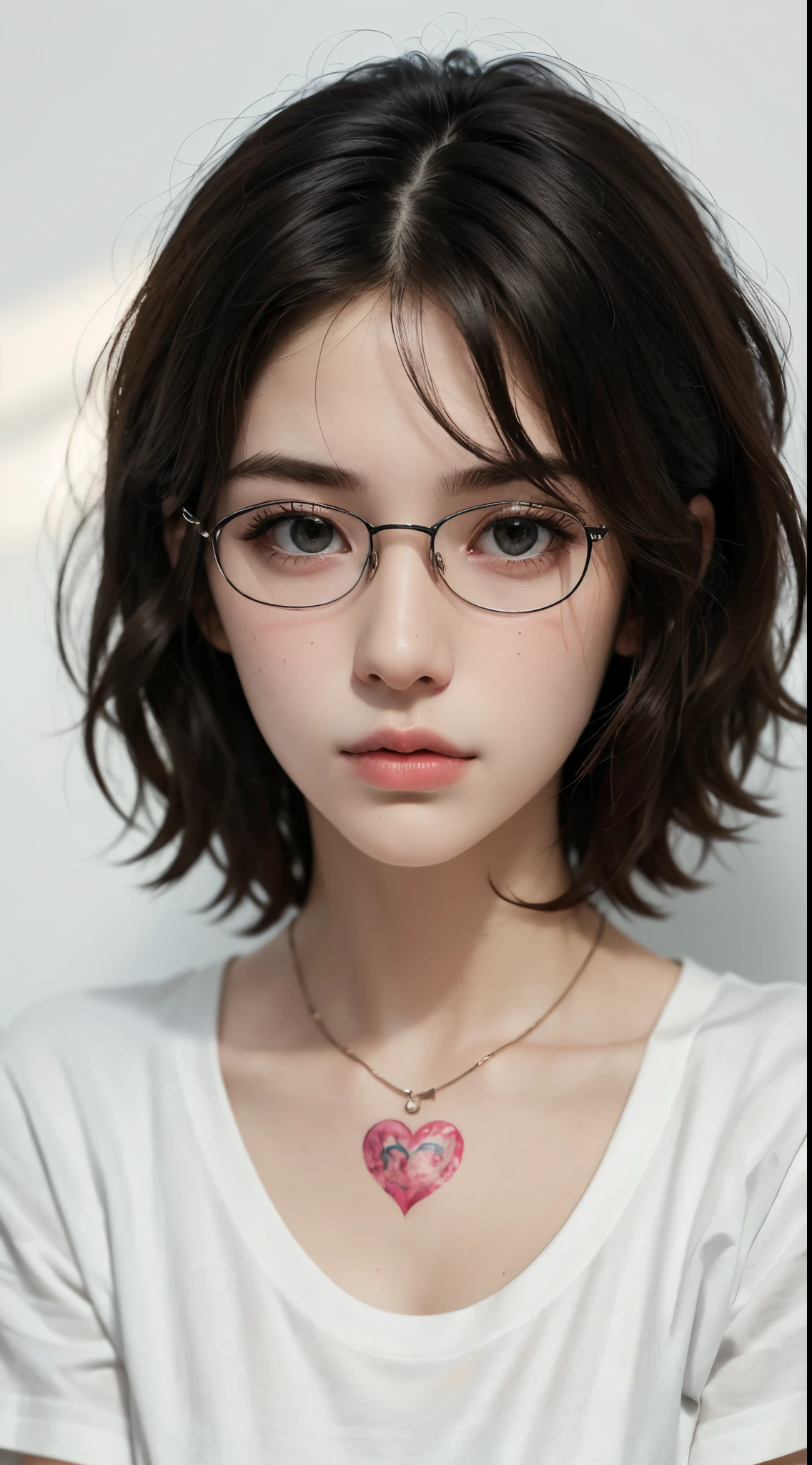 masterpiece, best quality, realistic, highly detailed, 1girl, solo, (body shot), poker face, ((short hair)), black hair, glasses, large breast, ((blank T-shirt)), Lips pierced, tatto on neck, beautiful girl, A tomboy face, Flat face without expression, bedroom background, detail eyes, detail hair, perfect lighting