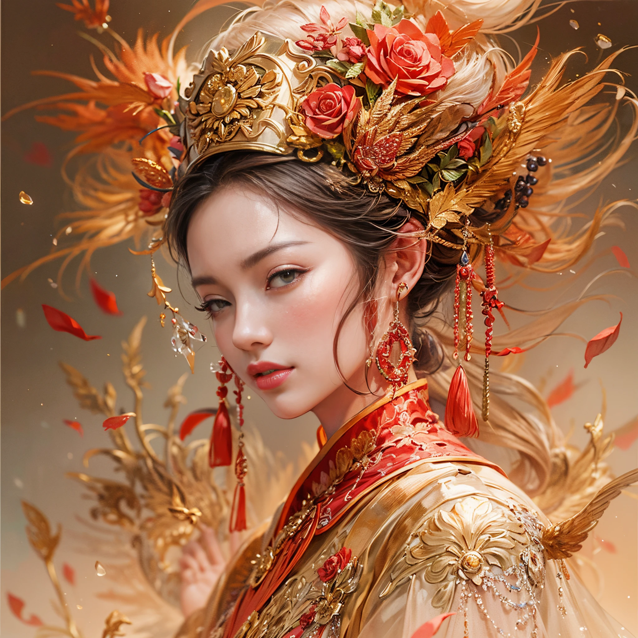 A woman wearing a red and gold Chinese dress，Phoenix crown,anatomy correct, (Exquisite helmet)，Delicate pattern，Oriental elements，Ink painting style, Clean colors,Pink rose space, Soft lighting, ( Bokeh)，Masterpiece, Super detailed, Epic composition, Highest quality, 16K，