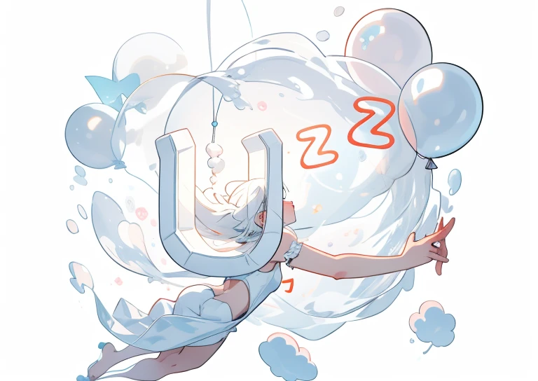 with a pure white background，Balloon or bubble texture，Three-dimensional feeling，floating feeling，Anime hand drawn style
