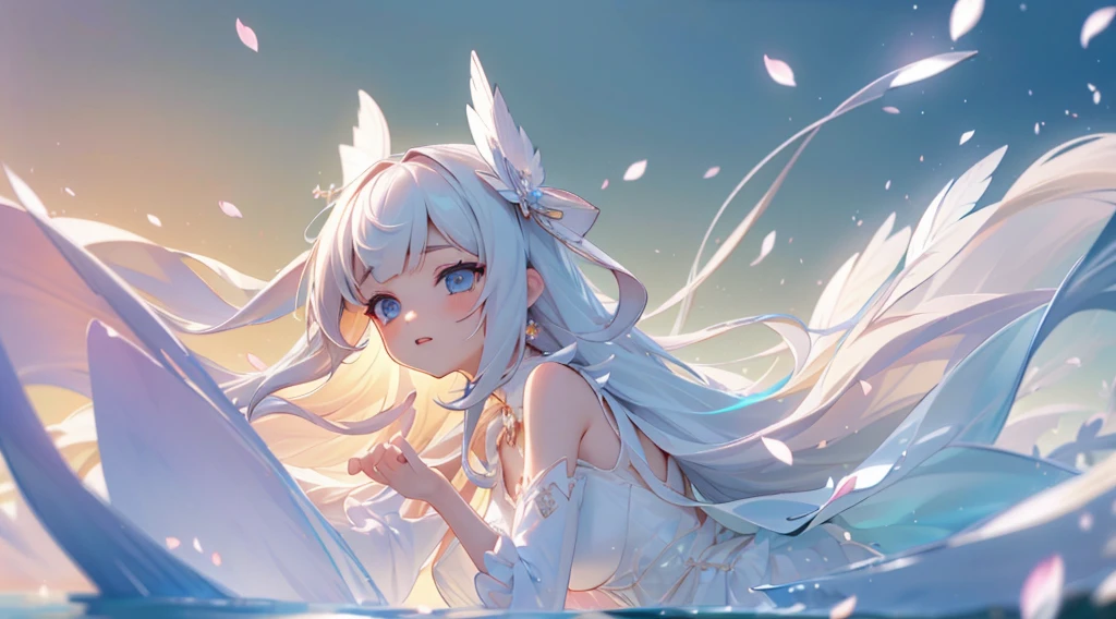 floating hair and detailed mouth.The girl is wearing white hair ribbon with black edge, magical girl, intricate detail, water on the dress, clear and beautiful, whole body, best detailed girl, thick thighs, leaning forward, beautiful detailed fullbody, Perfect body, female, 20 years old, long Bright wavy hair, hime cut, Air bangs, beautiful and detailed loong tail, Lateral braid, red streaked hair, beatiful detailed hair, extremely beautiful detailed anime face and eyes, ^ ^, beautiful detailed deep eyes, parted lips, Delicate arms and hands, highly detailed skin, big top sleeves, hair bow, feathers on dress, intricated filigree, sleeveless dress, bra, translucent fluttering skirt, overexposure, long top sleeves past fingers, Bare thigh, finely detailed cloth, cyan color scheme Clothes, outdoors, petals, There are many scattered luminous petals, sparkle, refined rendering, extremely detailed CG 8k wallpaper, 8k wallpaper, masterpiece,