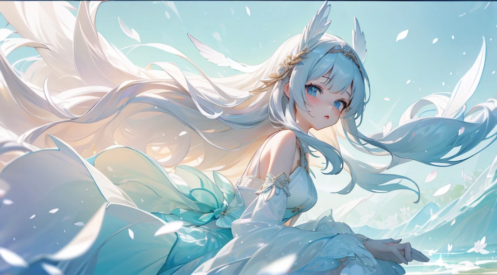 floating hair and detailed mouth.The girl is wearing white hair ribbon with black edge, magical girl, intricate detail, water on the dress, clear and beautiful, whole body, best detailed girl, thick thighs, leaning forward, beautiful detailed fullbody, Perfect body, female, 20 years old, long Bright wavy hair, hime cut, Air bangs, beautiful and detailed loong tail, Lateral braid, red streaked hair, beatiful detailed hair, extremely beautiful detailed anime face and eyes, ^ ^, beautiful detailed deep eyes, parted lips, Delicate arms and hands, highly detailed skin, big top sleeves, hair bow, feathers on dress, intricated filigree, sleeveless dress, bra, translucent fluttering skirt, overexposure, long top sleeves past fingers, Bare thigh, finely detailed cloth, cyan color scheme Clothes, outdoors, petals, There are many scattered luminous petals, sparkle, refined rendering, extremely detailed CG 8k wallpaper, 8k wallpaper, masterpiece,
