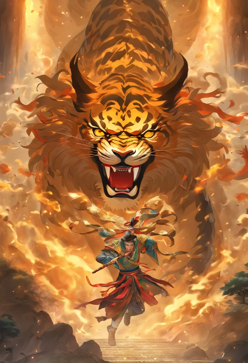 filmposter,The sacred beast of Shan Hai Jing,gourmand,cannibalism , scaleless ,Angular , quadrupedal ,Avareza , ferocious ,immensity ,Devouring ,火焰 , Dragon body ,Lion's head , Tiger claw , Snake tail , mistic ,legends , ancientry , mito ,Cultural symbols ,funk,Dunhuang art,black and gold,2D,low angle shot,very imaginative,Epic。
