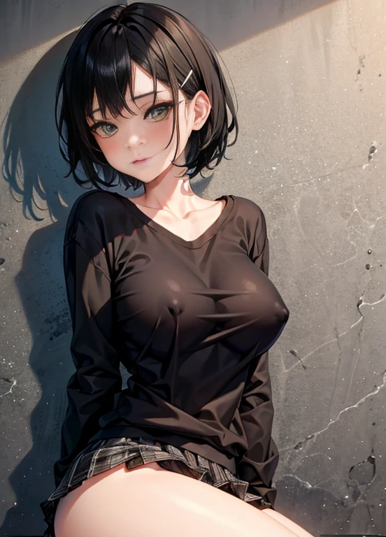 masterpiece, high quality, best quality, 1girl, short black hair, green eyes, medium breasts, black tied shirt, plaid mini skirt, black thong, sweatshirt, stockings, skull hair clip, makeup, blush, goth