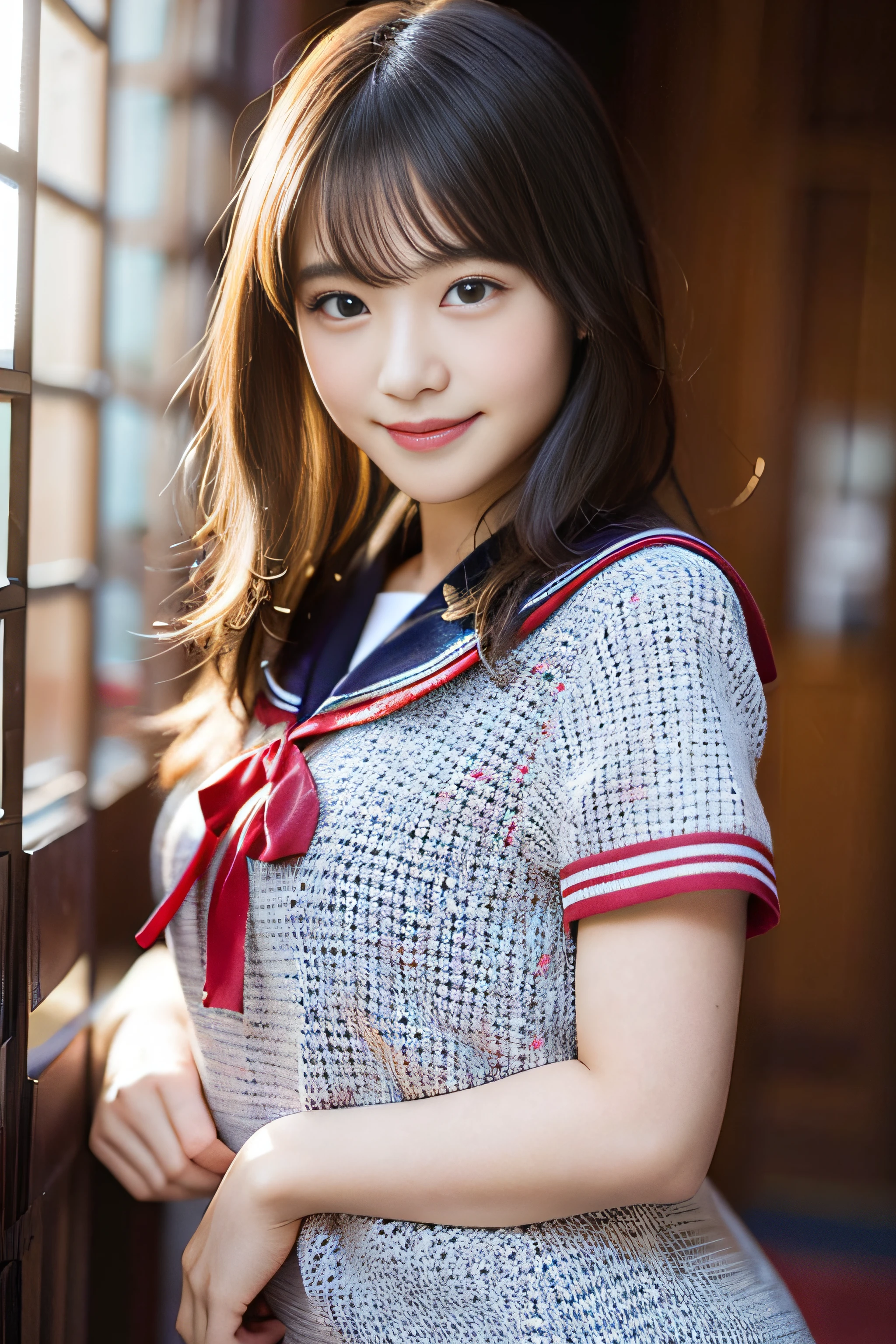 (8K、Raw photography、top-quality、​masterpiece:1.2)、(realisitic、Photorealsitic:1.37)、ultra-detailliert、超A high resolution、女の子1人、see the beholder、beautifull detailed face、A smile、Constriction、(Slim waist) :1.3)、Beautiful detailed skin、Skin Texture、Floating hair、Professional Lighting、Whole human body、a blond、japanese hight school uniform、a sailor suit、matriculation、、Bob Hair、short-cut、E-cup、Happy smile、sixteen years old、Red ribbons、a baby face、Suppin、Moisturizing lips、Thin pink lips、Nostalgic countryside
