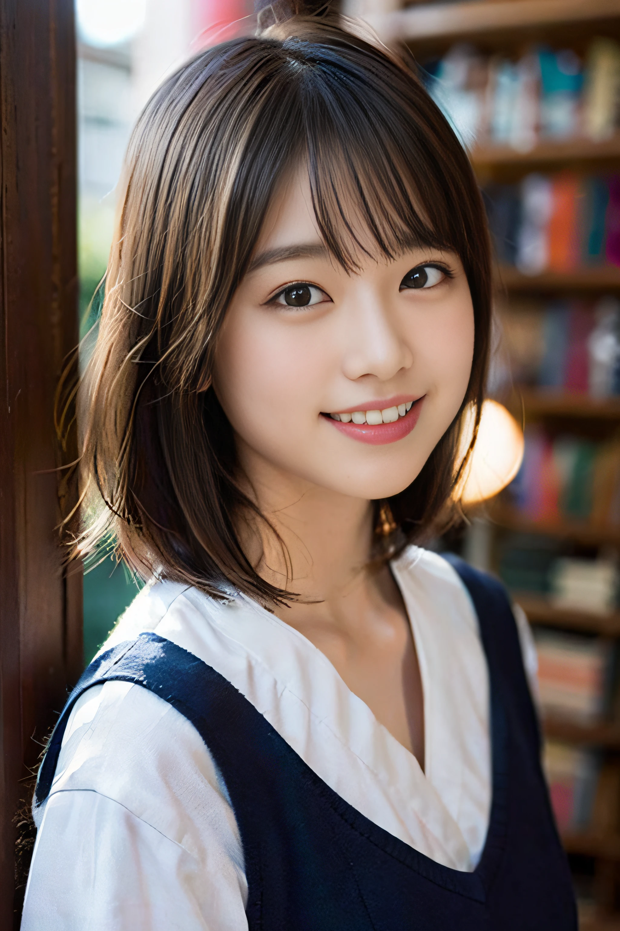 (8K、Raw photography、top-quality、masterpiece:1.2)、(realisitic、Photorealsitic:1.37)、ultra-detailliert、超A high resolution、女の子1人、see the beholder、beautifull detailed face、A smile、Constriction、(Slim waist) :1.3)、Beautiful detailed skin、Skin Texture、Floating hair、Professional Lighting、Whole human body、a blond、japanese hight school uniform、a sailor suit、matriculation、short-cut、Bob Hair、E-cup、Happy smile、、Red ribbons、a baby face、Childisuppin、Moisturizing lips、Thin pink lips、atlibrary、Lots of books