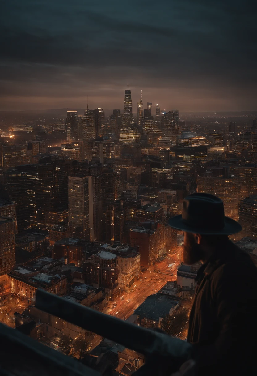 A photo of a stunning city skyline at dusk,original,Overweight, wears fedora, neck beard, bad skin, bloodshot eyes, bad hygiene, greasy hair