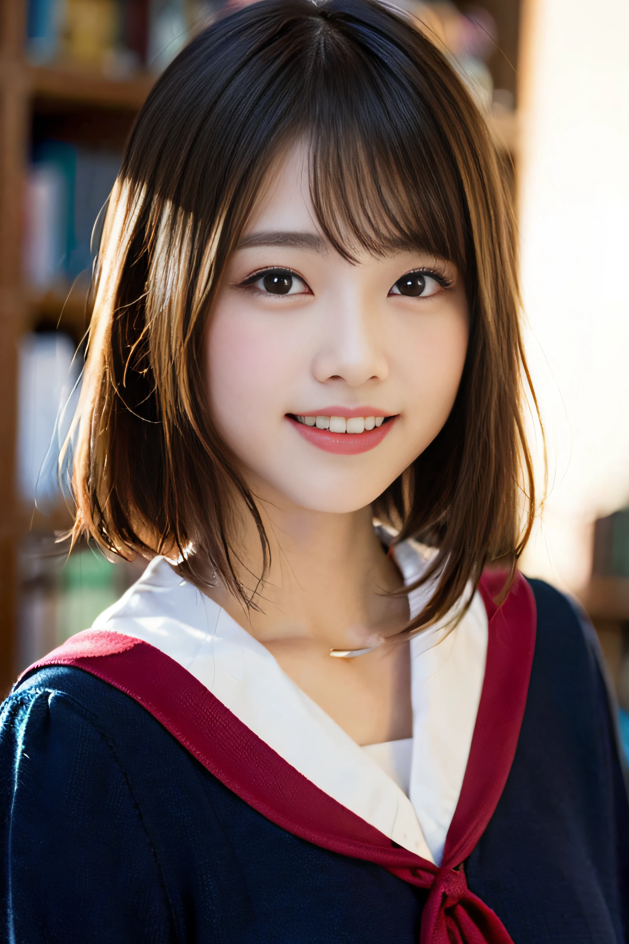 (8K、Raw photography、top-quality、​masterpiece:1.2)、(realisitic、Photorealsitic:1.37)、ultra-detailliert、超A high resolution、女の子1人、see the beholder、beautifull detailed face、A smile、Constriction、(Slim waist) :1.3)、Beautiful detailed skin、Skin Texture、Floating hair、Professional Lighting、Whole human body、a blond、japanese hight school uniform、a sailor suit、matriculation、short-cut、Bob Hair、E-cup、Happy smile、sixteen years old、Red ribbons、a baby face、Childish smile、Suppin、Moisturizing lips、Thin pink lips、atlibrary、Lots of books