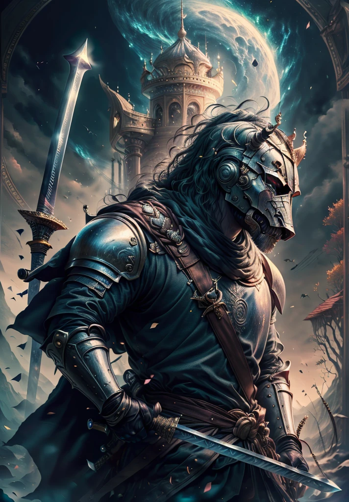 fantasy00d, ((masterpiece)), top quality, best quality, highres, (knight holding sword), simple background, wearing gauntlets, wearing crown, looking at another, detailed face