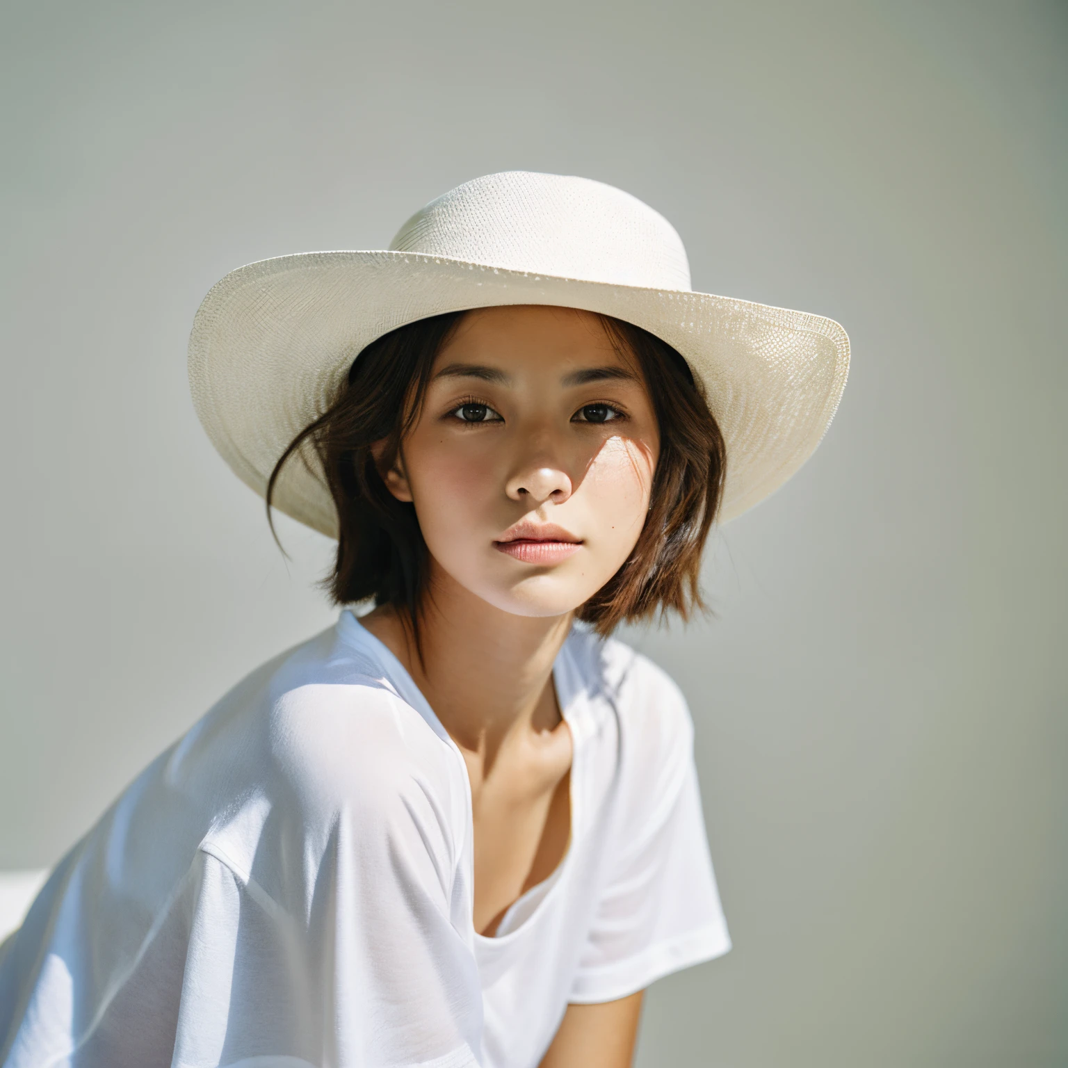 Top quality, 1 beautiful woman, age 28, white T-shirts, 35mm lens, f/1, cowboy shot, (white background: 1.3)