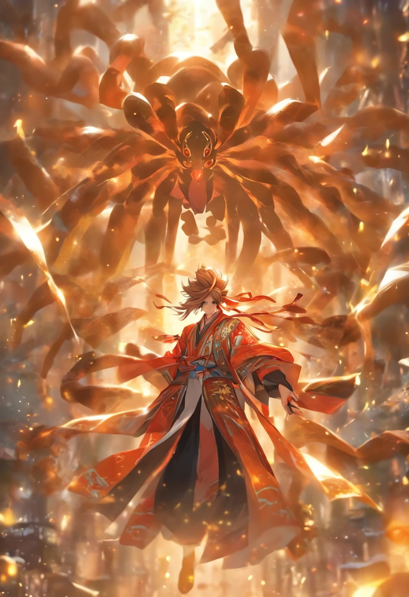 (tmasterpiece), (Best quality), Cinematic quality,Rendered by Octane,Ultra-detailed details,1 boy,Cool action,Wearing ancient Chinese Hanfu,(Ancient Chinese Formation:1.2),energy surround,light particle fluid,Fairy air fluttering,Luminous magic circle,Summon ancient beasts,(Huge spiders:1.5),