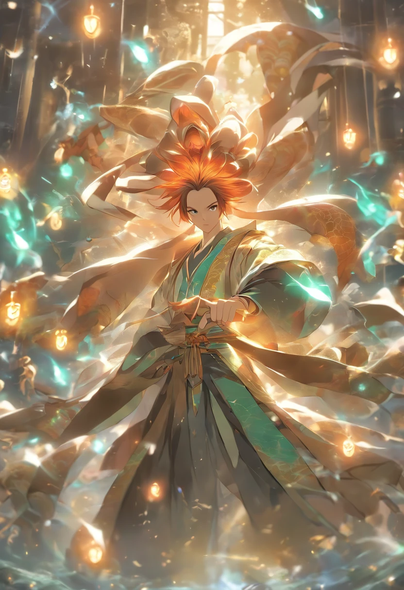 (tmasterpiece), (Best quality), Cinematic quality,Rendered by Octane,Ultra-detailed details,1 boy,Cool action,Wearing ancient Chinese Hanfu,(Ancient Chinese Formation:1.2),energy surround,light particle fluid,Fairy air fluttering,Luminous magic circle,Summon ancient beasts,(Huge spiders:1.5),