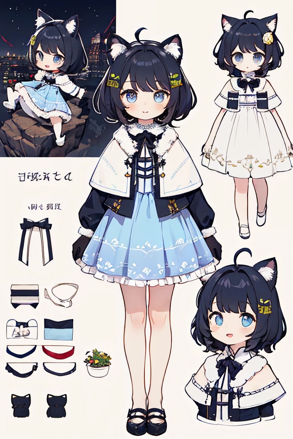 Looking at Viewer,、Cute backgrounds, 1girl in, Open mouth, Smile, Virtual Youtuber、girl with、((Best Quality, high_resolution, Distinct_image)),(Black hair), (Black cat ears), (Ahoge), (absurdly short hair), (Wavy Hair), (Blue eyes),、A smile、,(wearing shoes on feet)、((concept-art))、((View Viewer))。((View of the valley))dressed as santa。Lori。Gamine。Chibi。Mini。Chibi Chara。Very low height