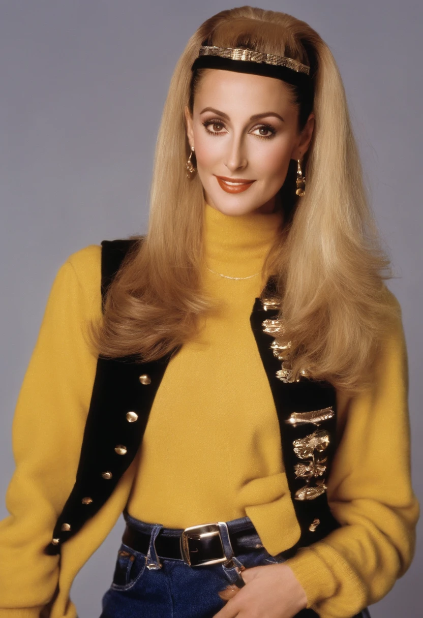 A photo of Cher attending an improv comedy workshop,Clueless,Cher Horowitz, the protagonist of the film “Clueless,” is a quintessential 1990s fashion icon, played by Alicia Silverstone. She is often depicted in stylish, trend-setting outfits that epitomize the high fashion of Beverly Hills teens in the 90s. Her wardrobe is full of bright colors, plaid patterns, and designer labels, accessorized with headbands, knee-high socks, and platform shoes. Cher’s blonde hair and polished makeup contribute to her look as a fashionable and popular high school student. Her appearance is not just a reflection of her status but also an extension of her confident and outgoing personality.