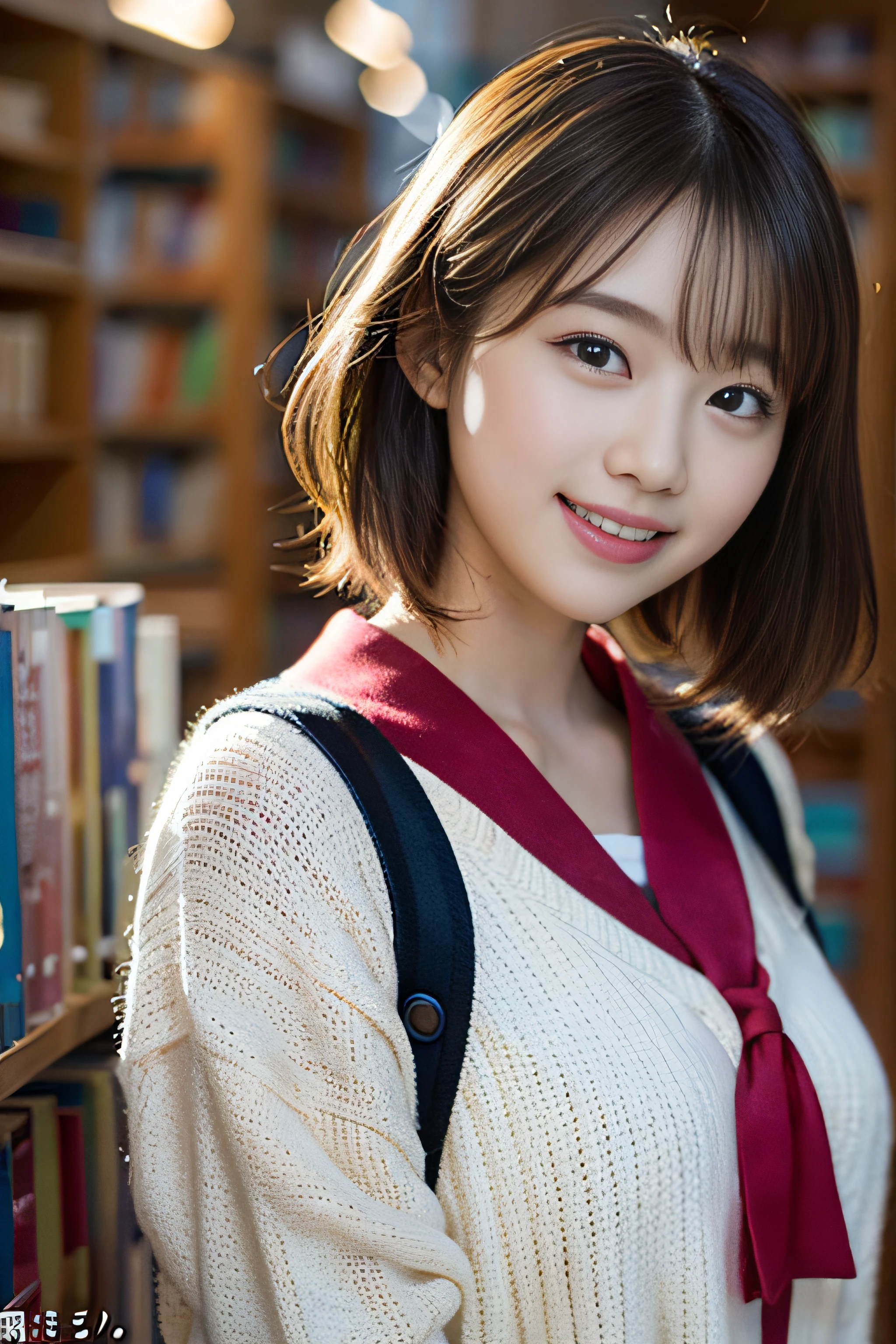 (8K、Raw photography、top-quality、masterpiece:1.2)、(realisitic、Photorealsitic:1.37)、ultra-detailliert、超A high resolution、女の子1人、see the beholder、beautifull detailed face、A smile、Constriction、(Slim waist) :1.3)、Beautiful detailed skin、Skin Texture、Floating hair、Professional Lighting、Whole human body、a blond、japanese hight school uniform、a sailor suit、matriculation、short-cut、Bob Hair、E-cup、Happy smile、sixteen years old、Red ribbons、a baby face、Childish smile、Suppin、Moisturizing lips、Thin pink lips、atlibrary、Lots of books