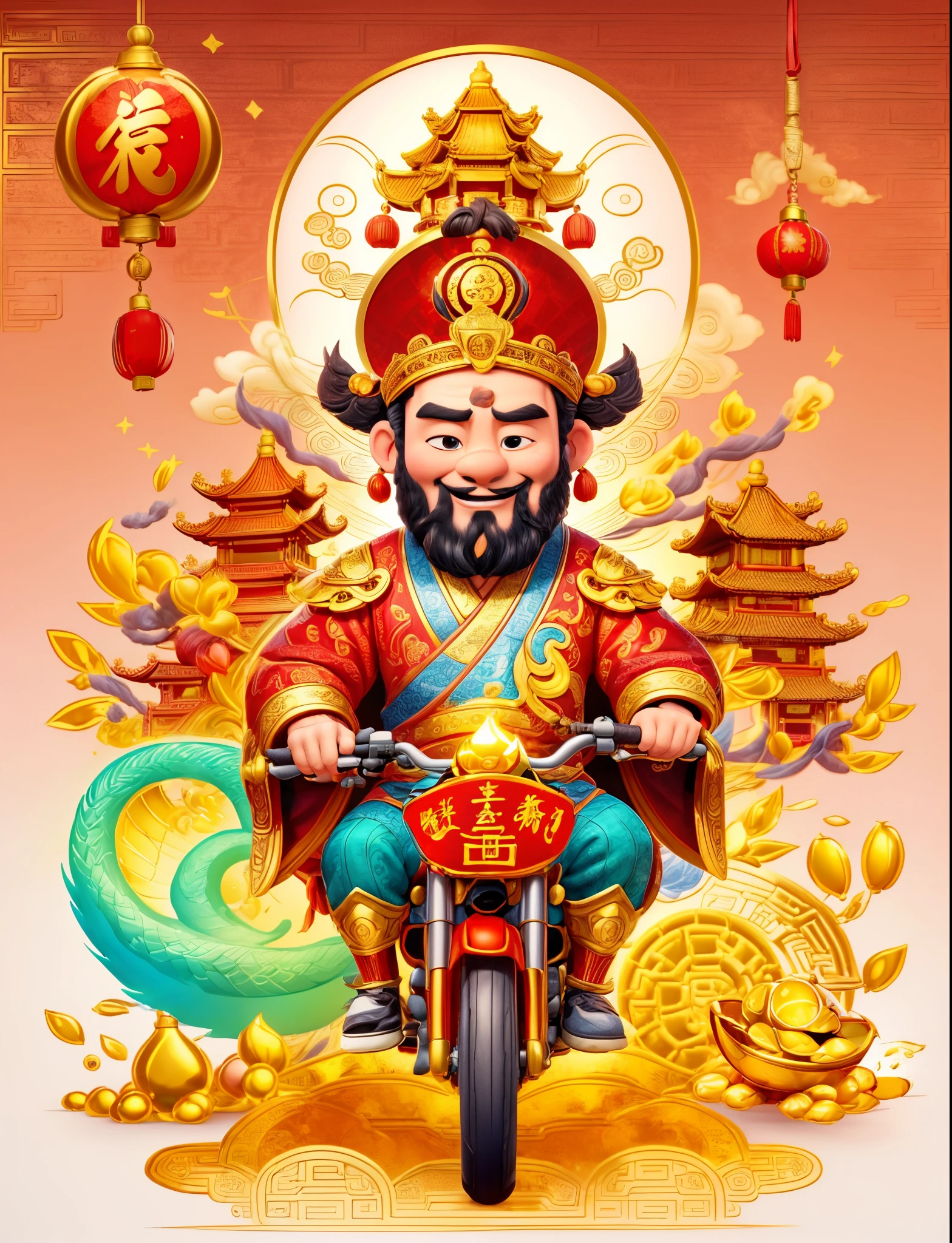 pixar style, (long shot: 1.8), (Chinese - chic Chinese mythological God of Wealth, anatomically correct, oriental elements), (a cute God of Wealth riding an e-bike with a gold ingot in his hand, Treasures Follow), (China - Stylish Illustration: 1.5, Vector Drawing: 1.5), (Chinese Colors, Advanced Color Matching, Gradient Background, White Background: 1.5), (Very Detailed, Well Designed, Clear Lines, High Definition, Best Quality, Masterpiece, Official Art, Cinematic Lighting Effects, 8K)
