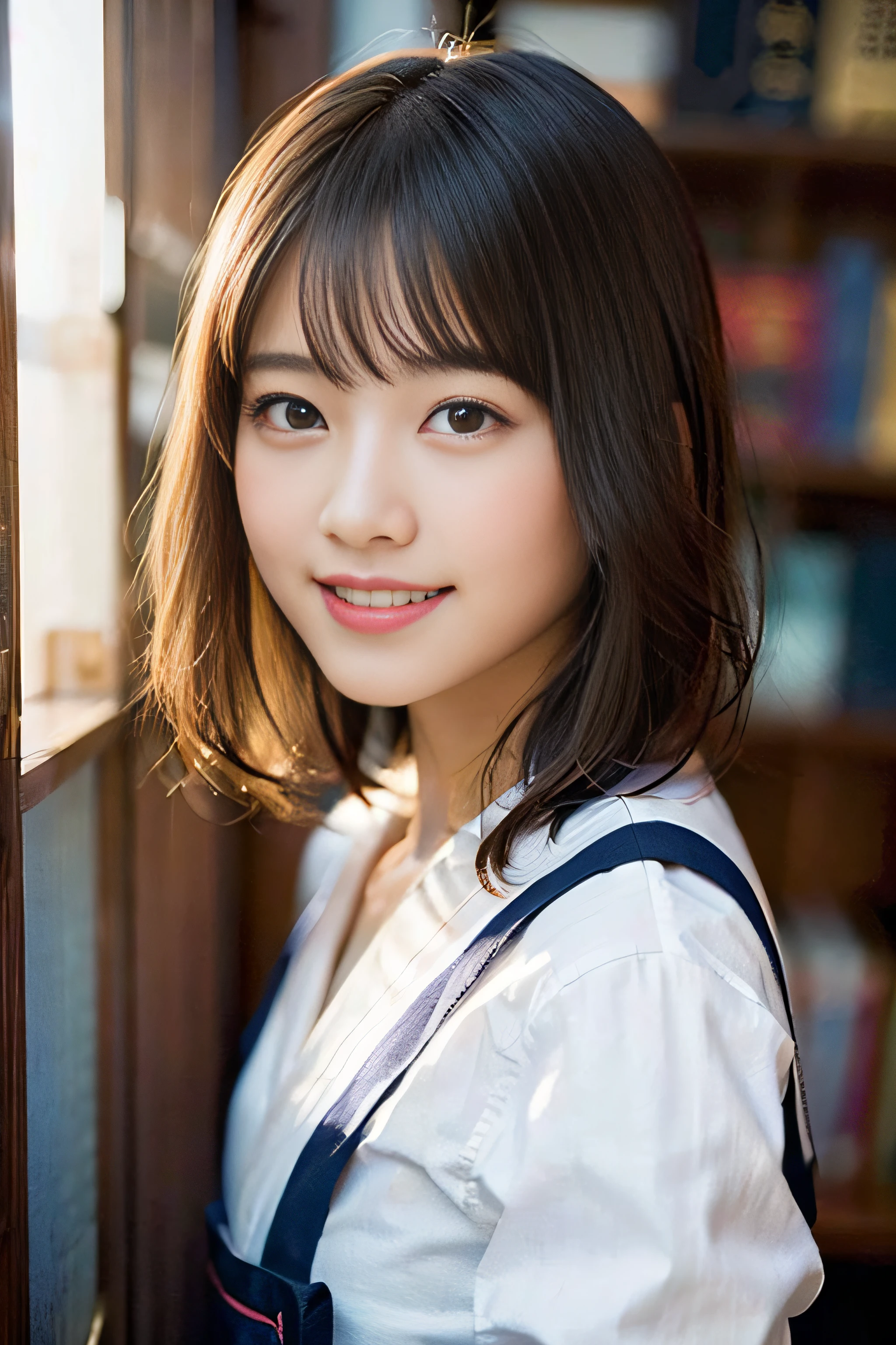 (8K、Raw photography、top-quality、masterpiece:1.2)、(realisitic、Photorealsitic:1.37)、ultra-detailliert、超A high resolution、女の子1人、see the beholder、beautifull detailed face、A smile、Constriction、(Slim waist) :1.3)、Beautiful detailed skin、Skin Texture、Floating hair、Professional Lighting、Whole human body、a blond、japanese hight school uniform、a sailor suit、matriculation、short-cut、Bob Hair、E-cup、Happy smile、、Red ribbons、a baby face、Childisuppin、Moisturizing lips、Thin pink lips、atlibrary、Lots of books
