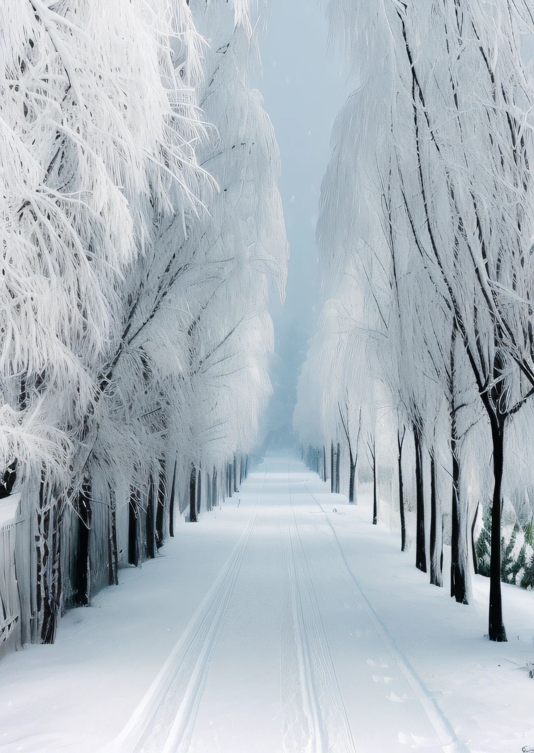 The path in the park is lined with snowy trees，There is snow on the ground, Snowy winter, beautiful winter area, beautiful snowy landscape, Cold snow, Snow in winter, White snow, Snowy Land, Winter wonderland, Winter in the snow, winter atmosphere, Snowy winter scene, winter time, snow landscape, In winter, Snowy Italian road, Snow-capped trees, yuki, blanketed in a mantle of snow
