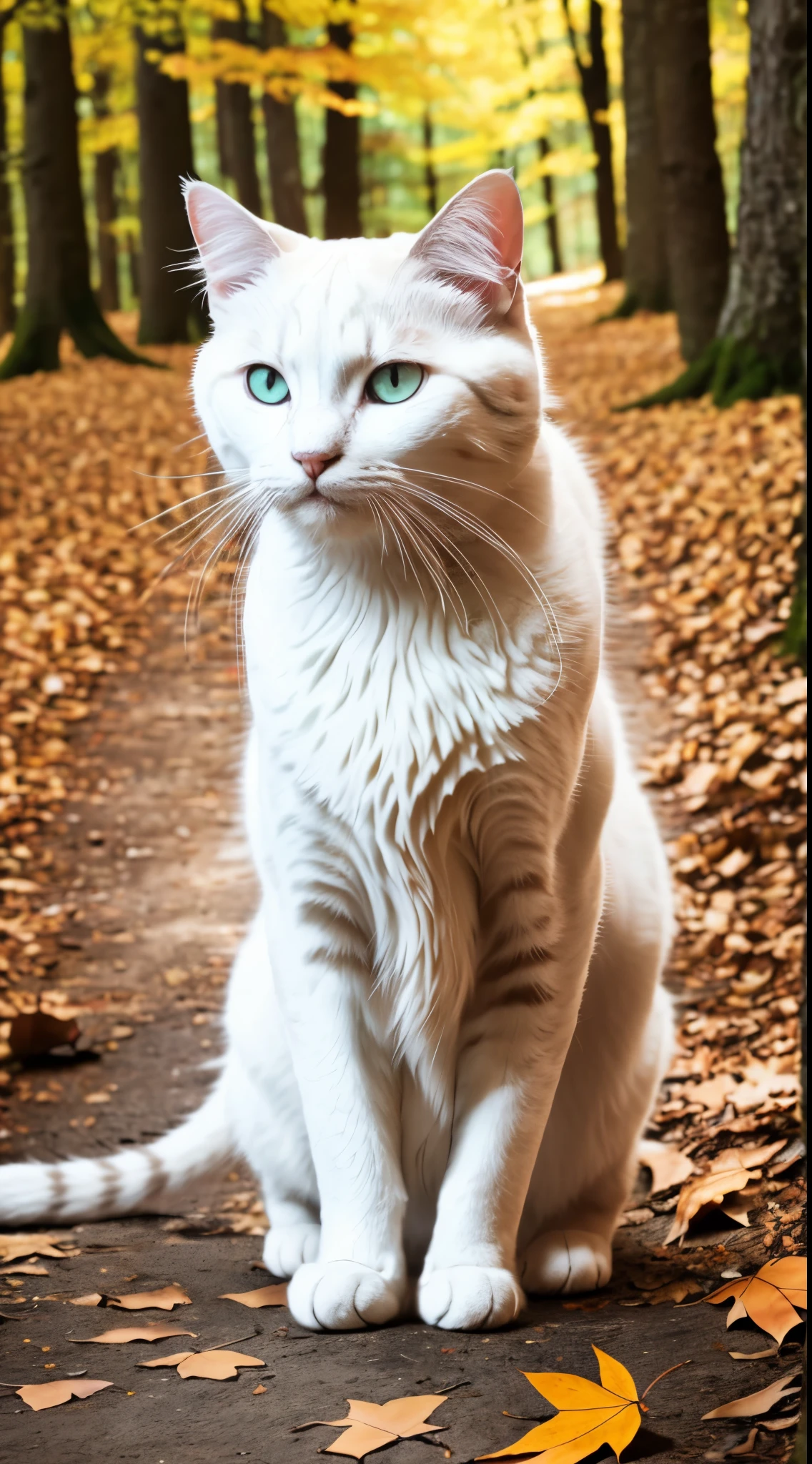RAW photo of a landscape, small details, photorealistic, ultra-realistic photo, 8k uhd, dslr, soft lighting, high quality, film grain, Fujifilm XT3, (masterpiece)
- Make sure the white cat is portrayed realistically, with a coat rich in detail, highlighting nuances and textures. Explore facial expressions that convey the natural feline curiosity and elegance.
- Capture the essence of the cat in the wild, highlighting its bright eyes and serene posture ((Autumn))
- Place the cat in a forest with trees adorned with the colors of autumn. Use cinematographic techniques to create a cozy atmosphere, with leaves gently falling around the cat. ((Autumn))
- Capture the soft autumn light, creating an environment where the colors of the leaves and the cat's coat complement each other harmoniously.
- Explore poses that emphasize the cat's natural curiosity in the forest. Whether it's watching a leaf fall or stretching out its paws in a playful gesture, highlight the feline's endearing attitude.
- Convey the sense of calm and serenity that cats often emanate.
- Ensure that the image reaches advanced levels of detail, allowing the cat's fur, the surrounding leaves and all the elements that make up the scene to be seen in detail.
- Emphasize the nuances of light and shadow to create a captivating visual effect.
- Use a cinematic style that transports the viewer to the magic of an autumnal forest, highlighting the white cat as the protagonist of a serene and enchanting scene.
- Explore compositions that convey a sense of peace and timeless beauty.
- Image quality must be exceptional, allowing every detail to be fully appreciated. The aim is to create an immersive visual experience that highlights the beauty of the white cat and the serenity of the surrounding autumn forest." --auto