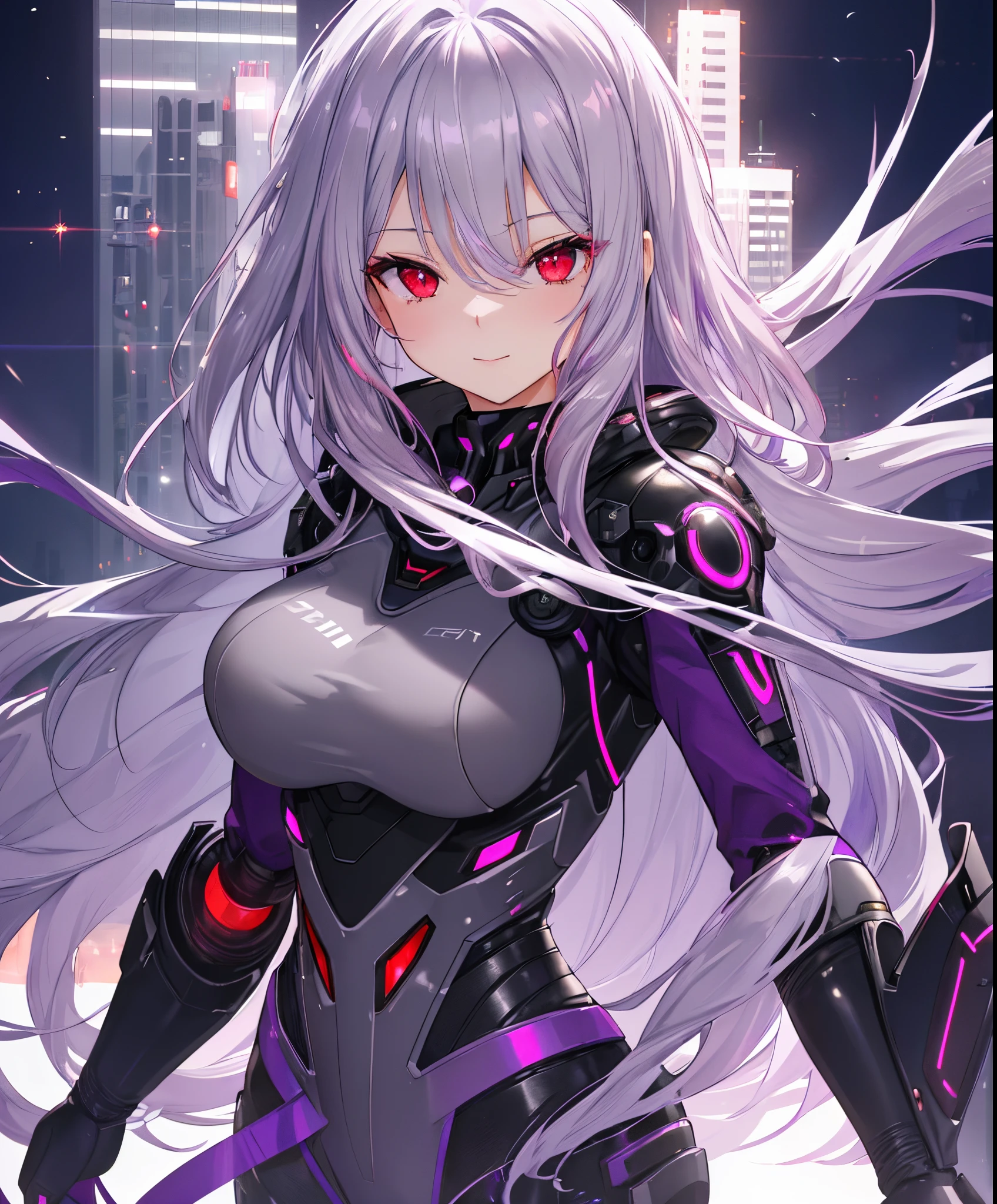 (extremely detailed CG unity 8k wallpaper), (((masterpiece))), (((best quality))), ((ultra-detailed)), (((illustration))), (best shadow), ((an extremely delicate and beautiful)), (detailed light), (well designed face), amazing face, (super detailed), cinematic shot, beautiful detailed eyes, detailed background, solo, 1girl, straight hair, very long hair, ((center parting bangs)), (bare forehead), floating hair, ((purple inner hair colour)), (((silver hair))), sexy lips, (((red eyes))), glowing eyes, grey skin, first rate breasts, large breast, first rate female bodies, bewitching thighs, smirk, combat suit, exoskeleton, cyber city, futuristic building in behind,