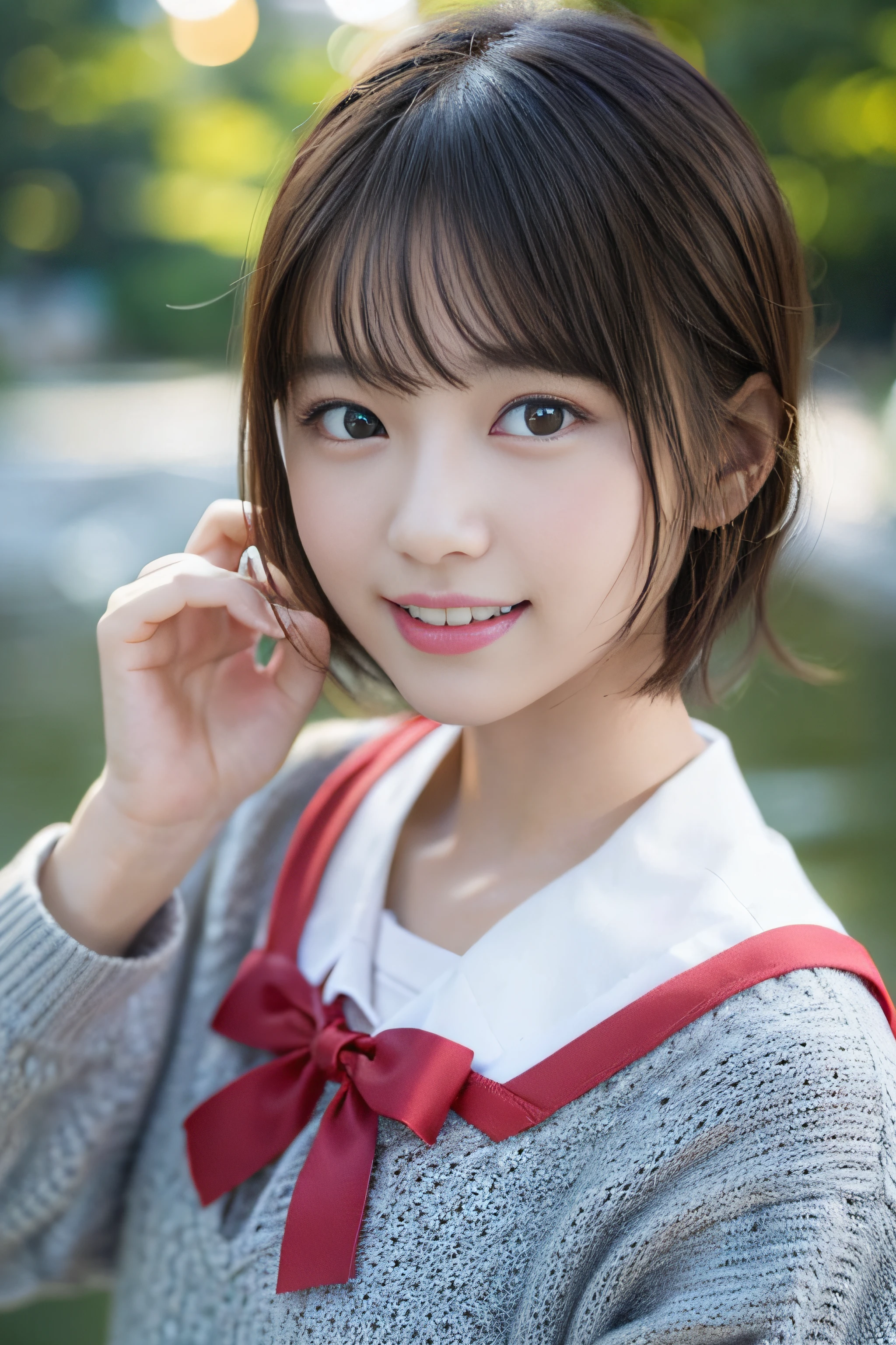 (8K、Raw photography、top-quality、masterpiece:1.2)、(realisitic、Photorealsitic:1.37)、ultra-detailliert、超A high resolution、女の子1人、see the beholder、beautifull detailed face、A smile、Constriction、(Slim waist) :1.3)、Beautiful detailed skin、Skin Texture、Floating hair、Professional Lighting、Whole human body、a blond、japanese hight school uniform、a sailor suit、matriculation、short-cut、Bob Hair、E-cup、Happy smile、、Red ribbons、a baby face、Childisuppin、Moisturizing lips、pale pink lips Tanigawa、mont、a river