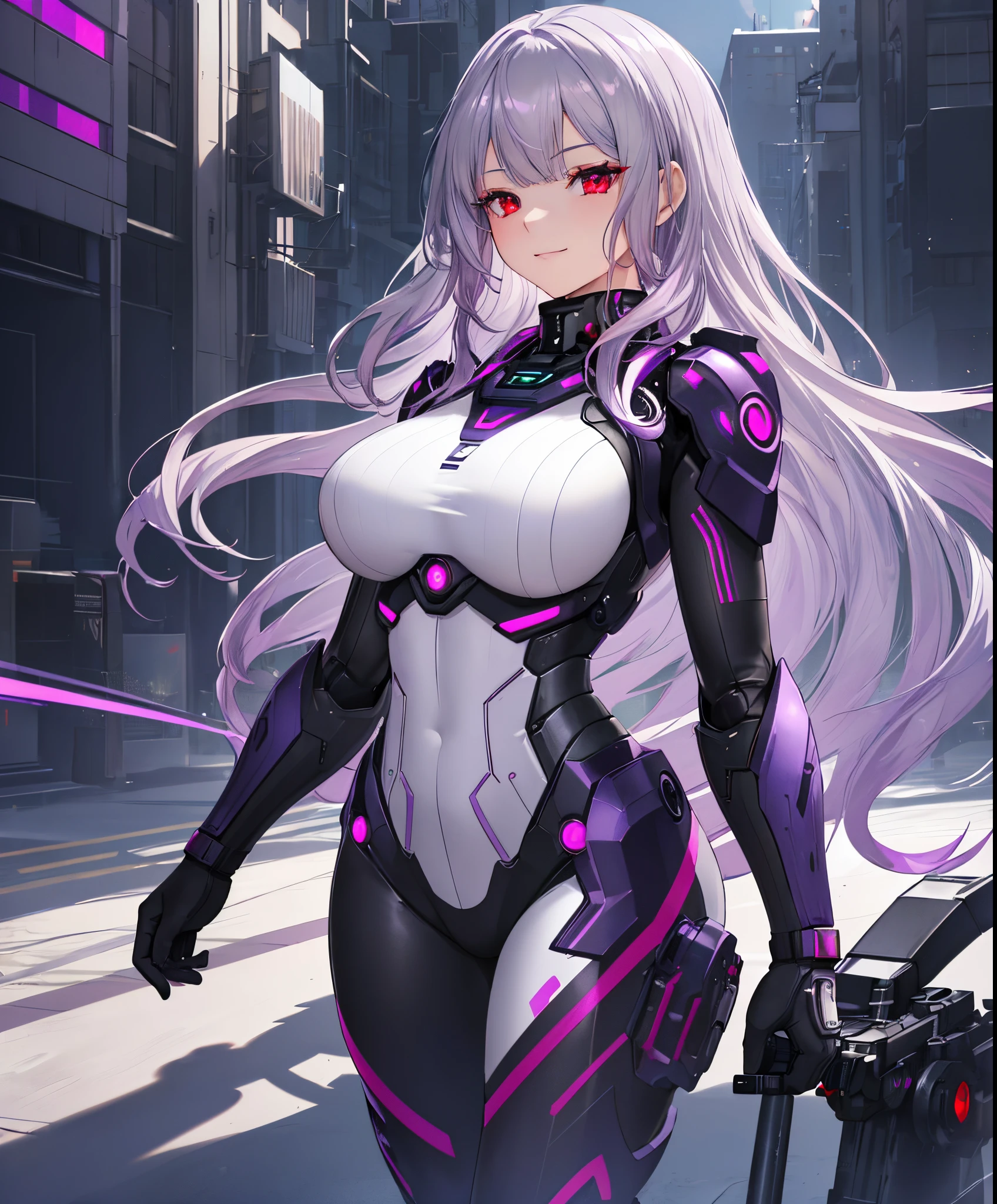 4K,hight resolution,One Woman,white purple hair,poneyTail,Colossal tits,ninjartist,White Cybersuit,Knives,underground city