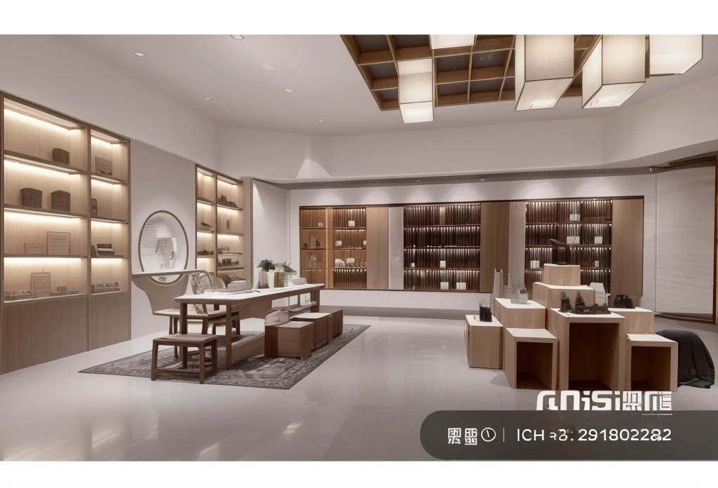 View of a store with many shelves and two sets of stands, Showroom scene, high detailed store, 3D ios room photos, 3d product, luxury item showcase,porcelain display， Very detailed interior, 3D scene, 3D scene, Detailed scenery – width 672, High quality 3D realistic, high end, No watermark for high-end products，Has Chinese flavor，Intentional realm