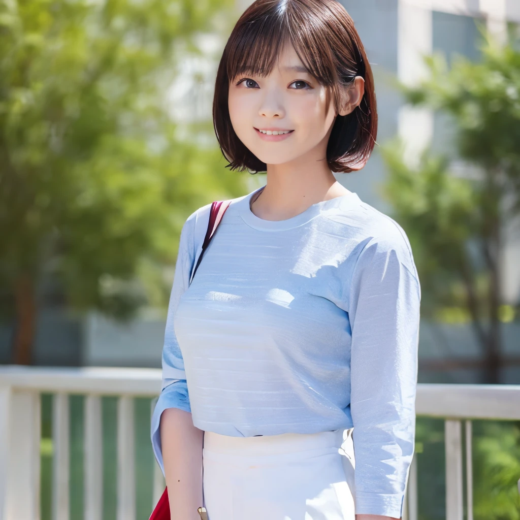Top image quality、top-quality、masterpiece、超A high resolution、8K、Unripe、photographrealistic:1.4、profetional lighting、cute girl、a baby fshort hair、A slender、moderately sized breasts、B Cup Bust、ssmile、trainingwear、Dark blue training pants、White sweatshirt with long sleeves、Shoulder bag