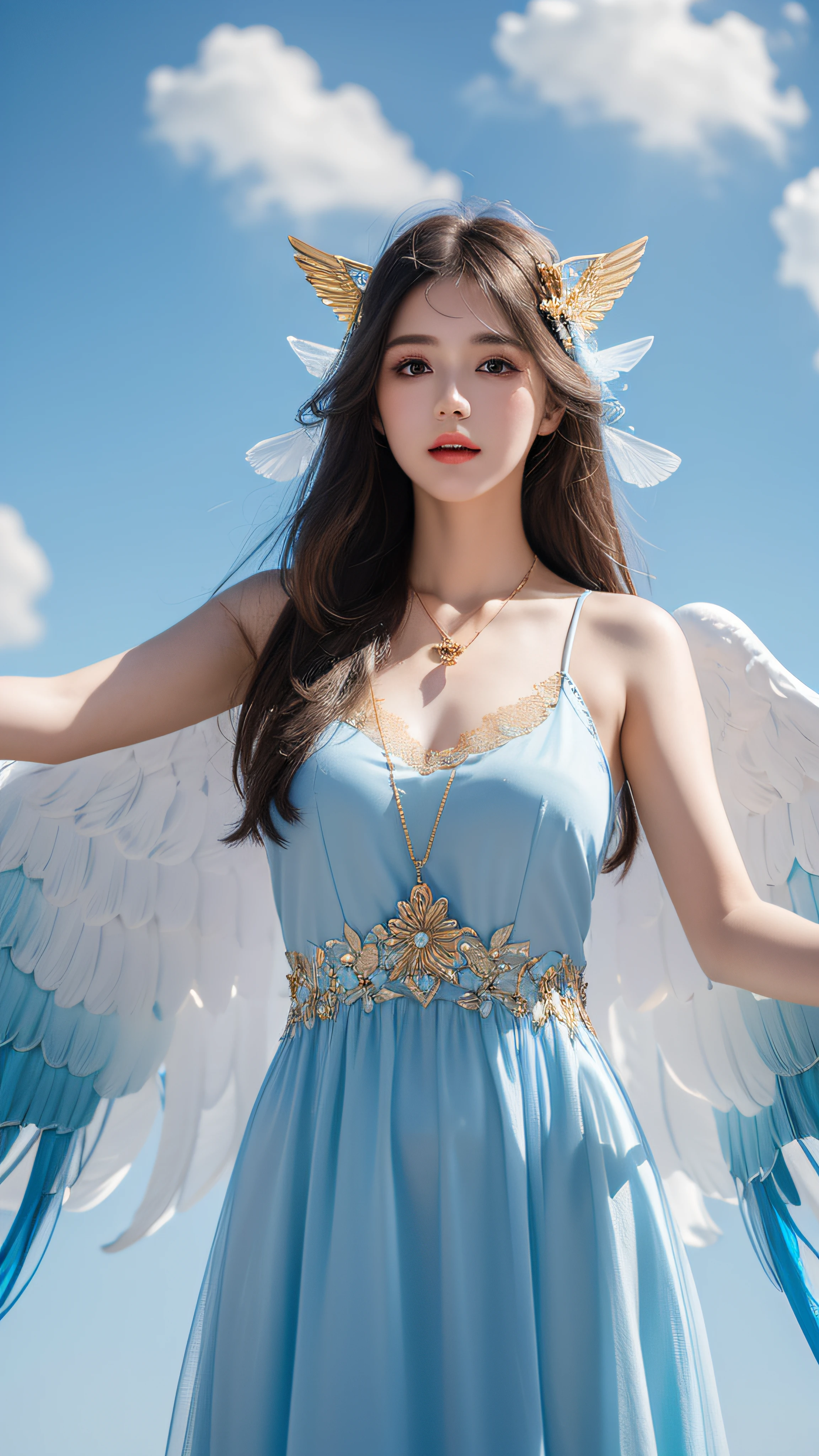 1 Girl, solo, long hair, blue dress, transparent lace, pairs of blue bird wings on head, Gold necklace, Cloudy background, Colorful clouds, in the sky, ((Best quality)), ((highly-detailing)), (Detailed face), (offcial art), attractive poses,