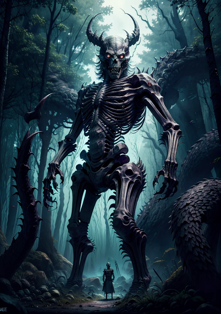 ((masterpiece, best quality)), highres, forest, (skeleton monster), grotesque face, ultra-detailed, standing, looking at viewer, angry, menacing pose, holding sword,