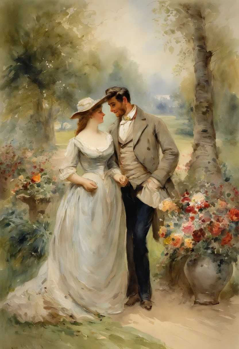 a romantic scene, a young handsome man meets two elegant ladies, mother and daughter in a park , by Adolphe Menzel
