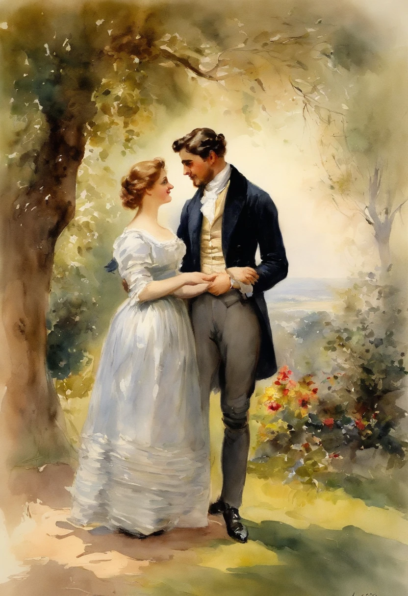 a romantic scene, a young handsome man meets two elegant ladies, mother and daughter in a park , by Adolphe Menzel