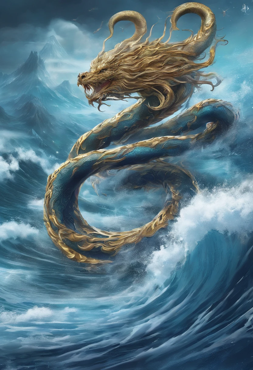chineseidol,Chinese mythology,The combination of gluttony and all things in the universe,Longhorn faucet,,The snake's tail has grown,has horns on its head.,tosen,ferocious,High,The eyes glow blue,the ocean,Huge waves,surrounded by cloud,Medium shot,Full body like, Highly detailed and ultra-realistic visual effects,OC Render, - AR 16 (English):9 --q 2 --s 1000