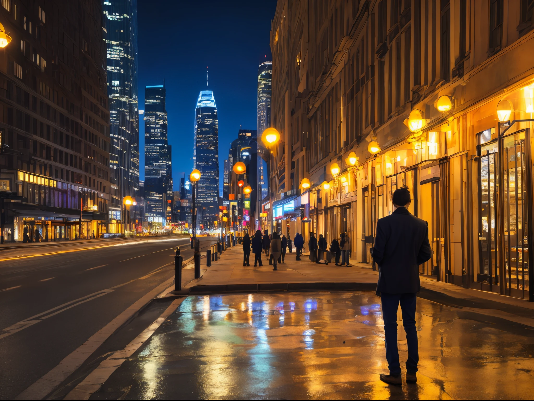 Beautiful cityscape at night and a man in street fashion