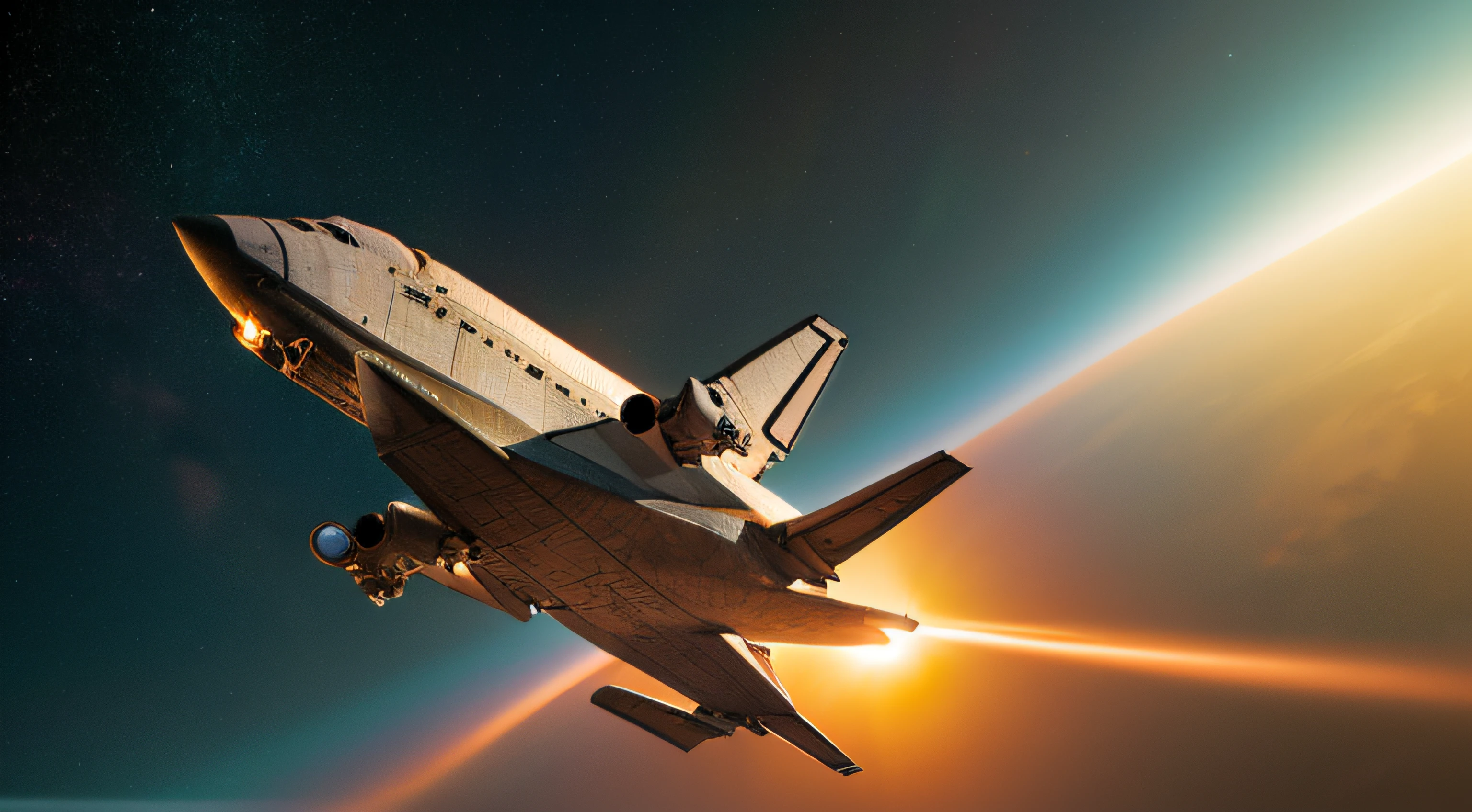 The space shuttle flies to Mars, the engine spits fire, metallic texture, glossy, realistic, hyper-realistic, bright picture, different machines, starry sky, daytime, reveals large details of the space shuttle, super wide angle, bird's-eye view, high reality, light and dark
