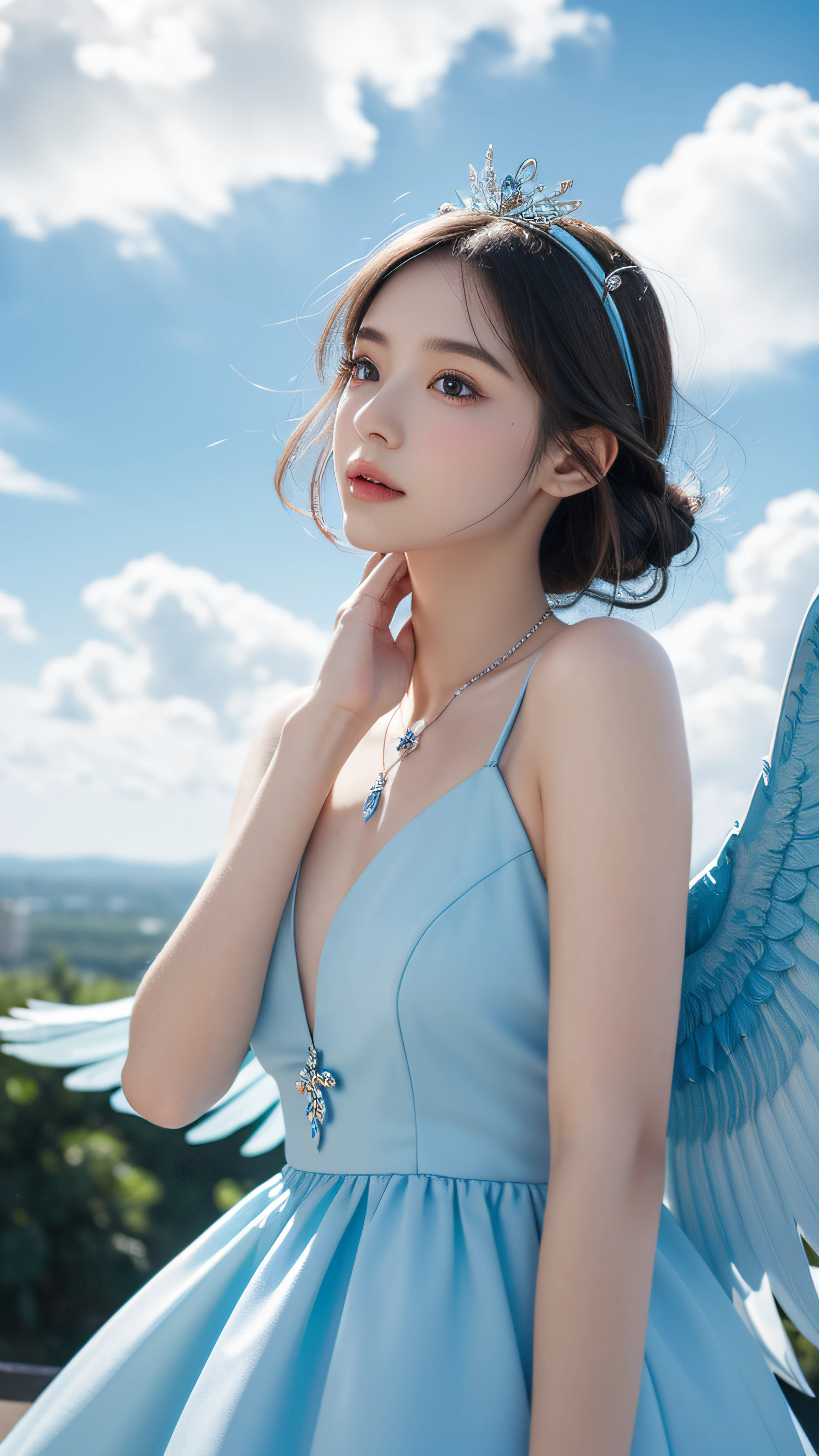 Front view of a naked beautiful angel:1.5 (NFSW)、(High resolution:1.5)、Highest quality,Very detailed,masterpiece,Super detailed,alone,(12 year old girl angel),,Angel is a beautiful girl、(Angel crown on head、White feathers on the back)、Seraphim, ((Angel is naked and has big breasts:1.5)), smile、(The breasts are very large)、((Marine blue, crystal clear sea))、Summer sun、はしゃいだsmile、Beautiful Eyes、reflected in water: 1.5 、(((straight-on: 1.5))) 、(((frontview)))、Hand position is between crotch、A pose that emphasizes the breasts、((Bend the wings on your back and wrap them around your body: 1.5))