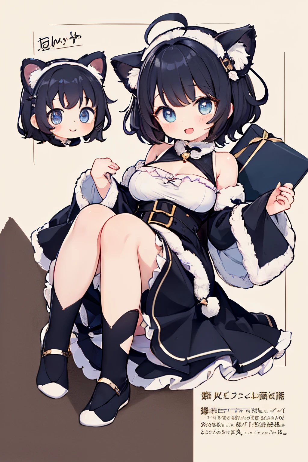 Looking at Viewer,、Cute backgrounds, 1girl in, Open mouth, Smile, Virtual Youtuber、girl with、((Best Quality, high_resolution, Distinct_image)),(Black hair), (Black cat ears), (Ahoge), (absurdly short hair), (Wavy Hair), (Blue eyes),、A smile、,(wearing shoes on feet)、large full breasts、((concept-art))、((View Viewer))。((View of the valley))dressed as santa。Chibi。Mini。Chibi Chara。Very low height