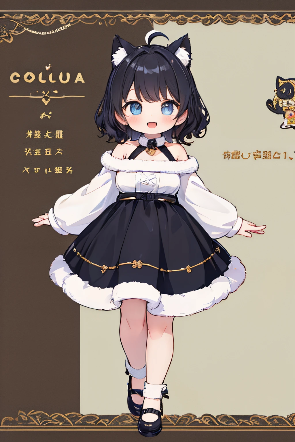 Looking at Viewer,、Cute backgrounds, 1girl in, Open mouth, Smile, Virtual Youtuber、girl with、((Best Quality, high_resolution, Distinct_image)),(Black hair), (Black cat ears), (Ahoge), (absurdly short hair), (Wavy Hair), (Blue eyes),、A smile、,(wearing shoes on feet)、large full breasts、((concept-art))、((View Viewer))。((View of the valley))dressed as santa。Chibi。Mini。Chibi Chara。Very low height