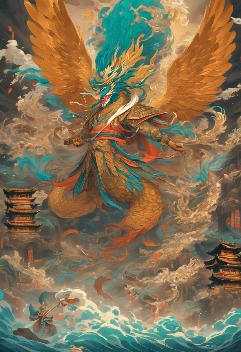filmposter,The sacred beast of Shan Hai Jing,Strong body,scales like iron,It's hard,having bird wings,Can fly,Its cry is similar to that of a mandarin duck。According to legend,Where does the winning fish appear?,Where will it cause a flood?, mistic ,legends , ancientry , mito ,Cultural symbols ,Dunhuang art,black and gold,2D,low angle shot,very imaginative,Epic。