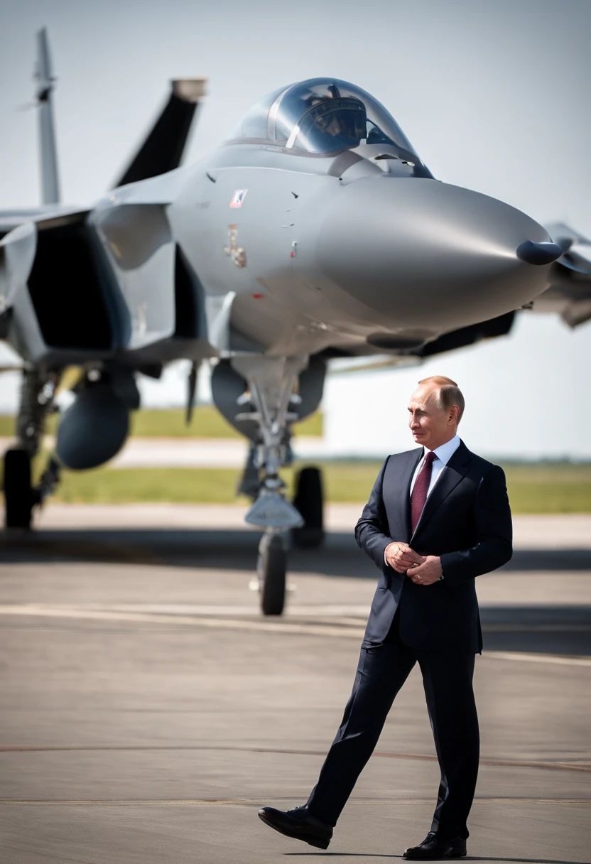 A photo of Putin inspecting a new state-of-the-art fighter jet,original,Vladimir Putin, the Russian President, presents a carefully crafted image: he is typically seen with a short, neat haircut and a lean, athletic physique, often dressed in suits that project an image of formality and power. His public persona is one of sternness and resolve, with a steely gaze and a rarely seen smile, adding to his aura of seriousness and determination.