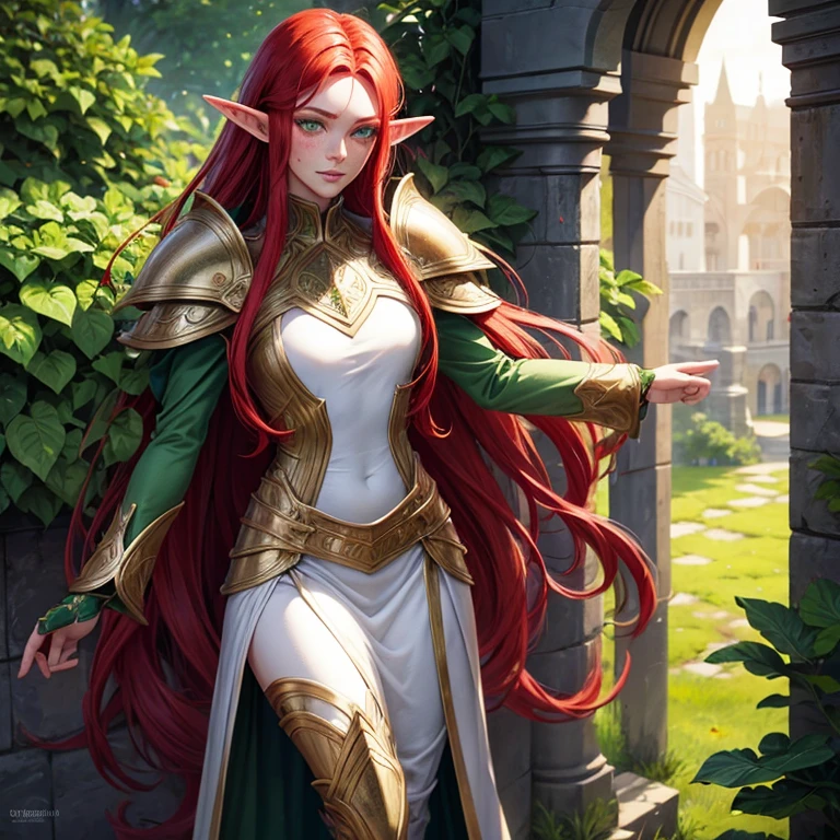 Elf woman, long red hair, freckles, pointed ears, green eyes, bright skin,Best quality, perfect face, high detailed eyes, hyperdetailed, detailed Face,dressed in fullbody knight armor,