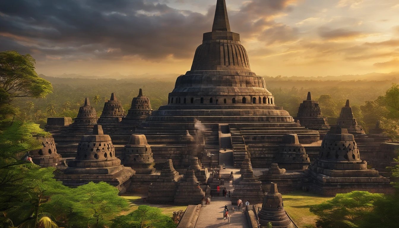 Borobudur temple of Indonesia at sunset, best composition, masterpiece art work, long view,