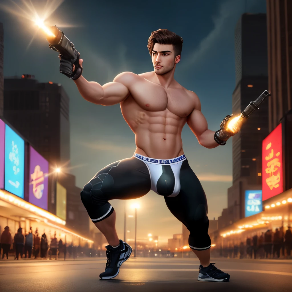 (8K, RAW photogr, Best quality, tmasterpiece:1.2), (realistically, Shoot real:1.4), illuminations, A high resolution,hexagons,(1 boy), brunette color hair,Rich cleavage, rugged skin, (Oval shaped face:1.1), profesional lighting, photon maping, Radio City, physically-based renderingt, Handsome, Sexy masculine,Wear tight thongs,Muscle tissue,bare full body,massive bulge,A sexy pose